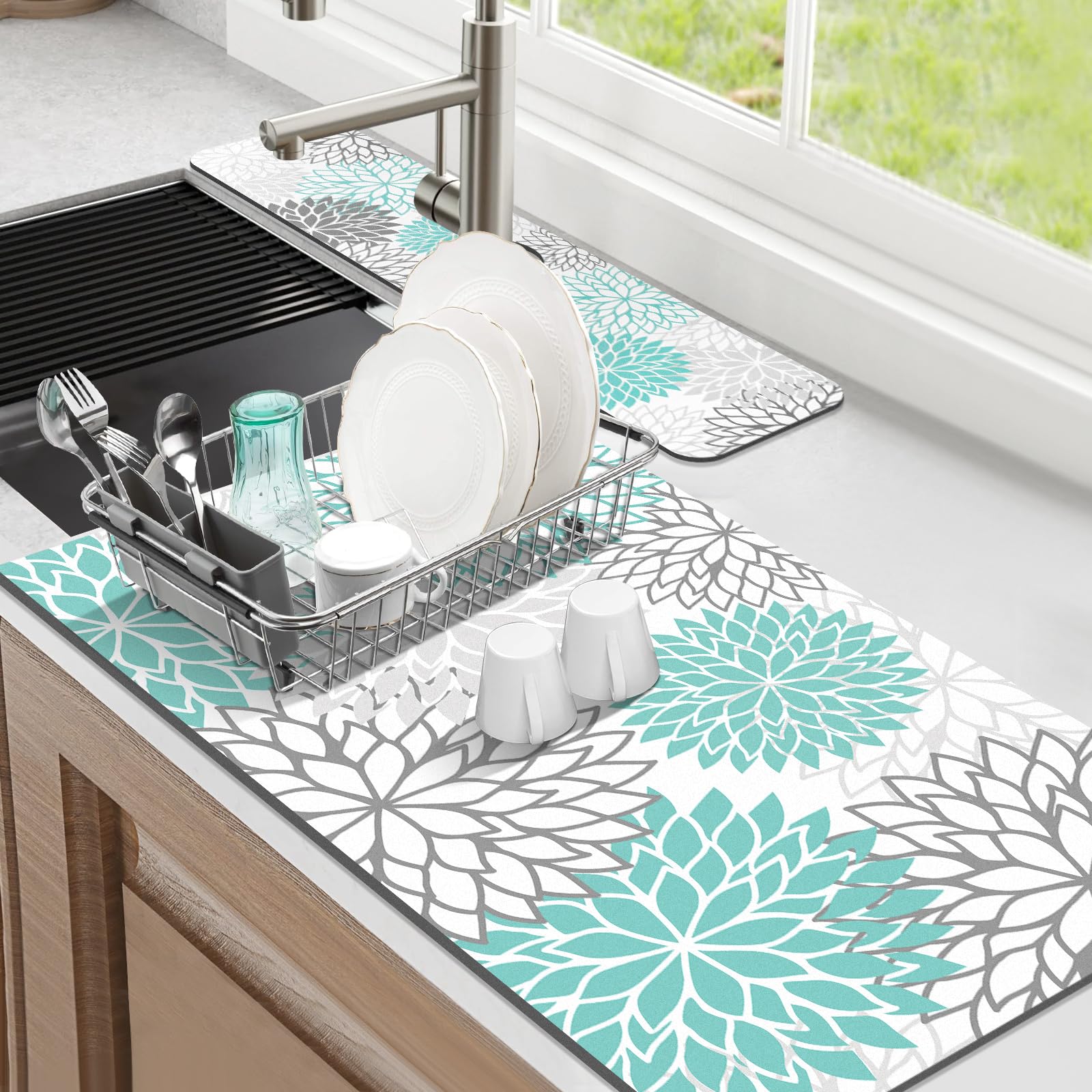 Findosom 2PCS 17 x 32 Dish Drying Mat & 24 x 5.5 Sink Splash Guard, Super Absorbent & Cuttable Dish Mat Drying Kitchen Mat with 