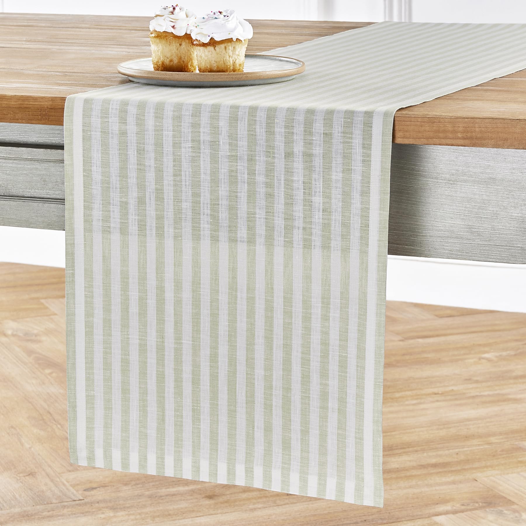 Solino Home Stripe Linen Table Runner 60 Inch - 100% Pure Linen Sage And White Short Table Runner 14 X 60 Inch Ideal For Dresser