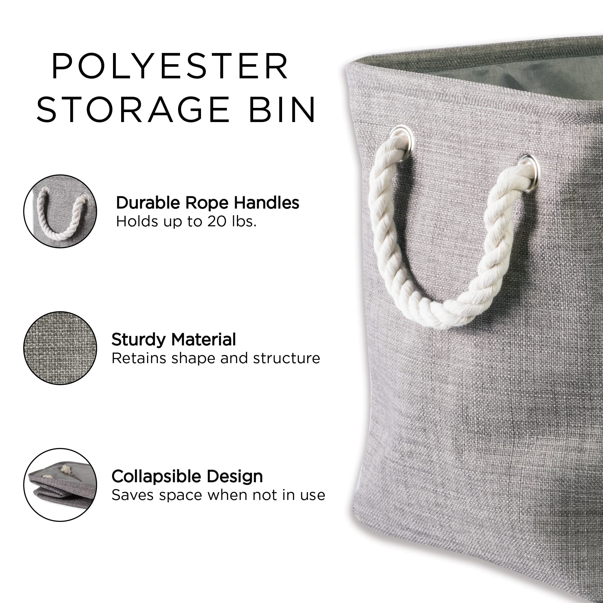 DII  Collapsible Variegated Polyester Storage Bin with Cotton Handles Large Gray