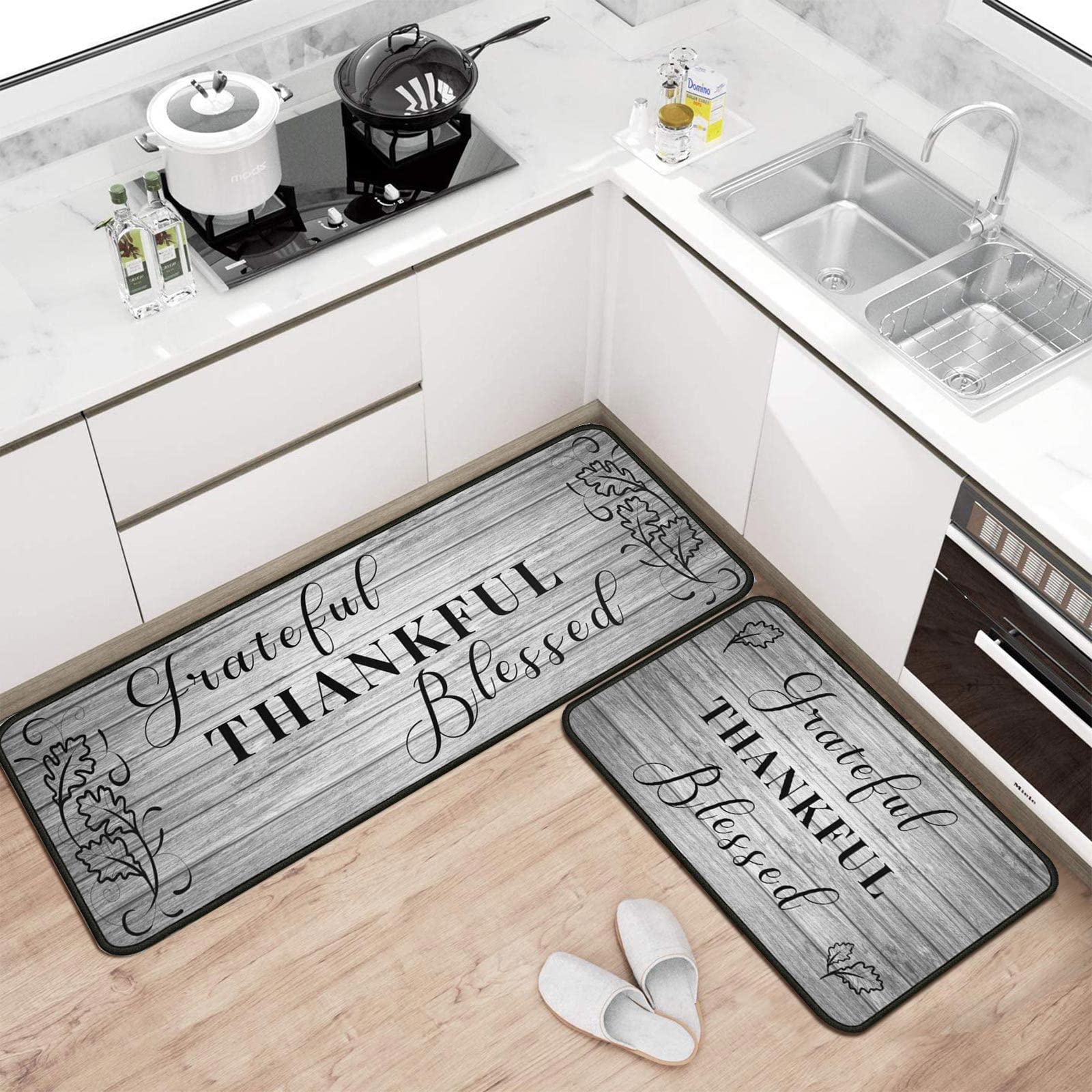 Grateful Thankful Blessed Kitchen Rugs Set Of 2 Grey Non-Slip Kitchen Rug And Mat Cushioned Comfort Kitchen Standing Rug For Kit