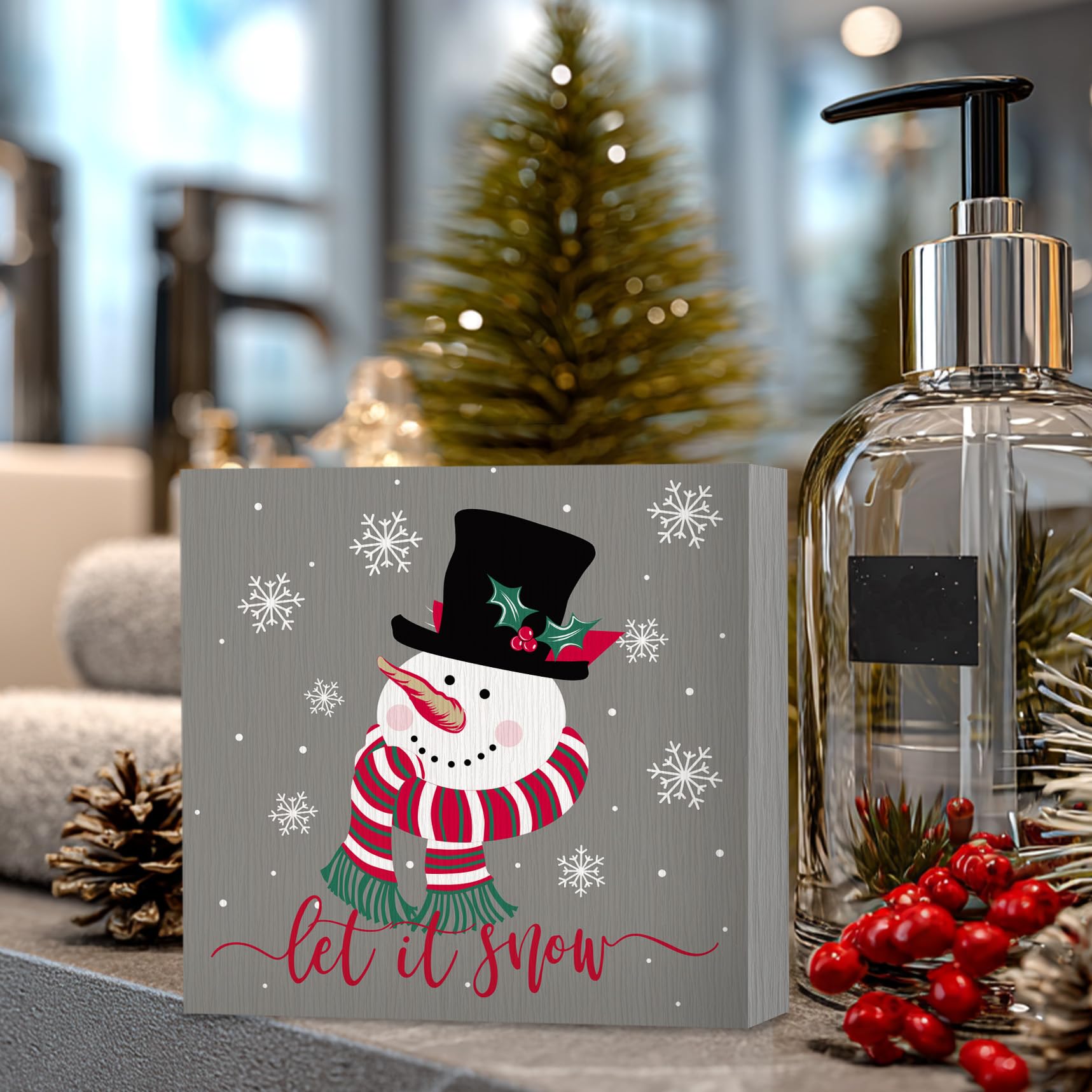 ANIANG Let It Snow Snowman Sign, Christmas Decorations, Winter Decor, Snowman Decorations, Xmas Seasonal Holiday Wood Block Box