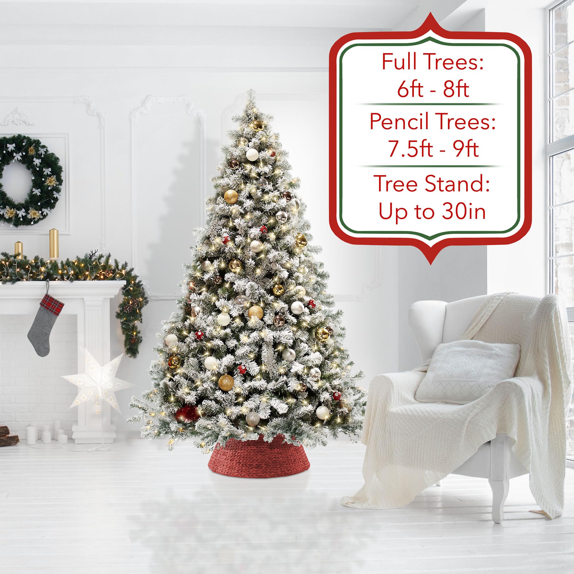 Casafield 32-Inch Christmas Tree Collar, Woven Water Hyacinth Tree Base Cover with Cord Cut Out, Red