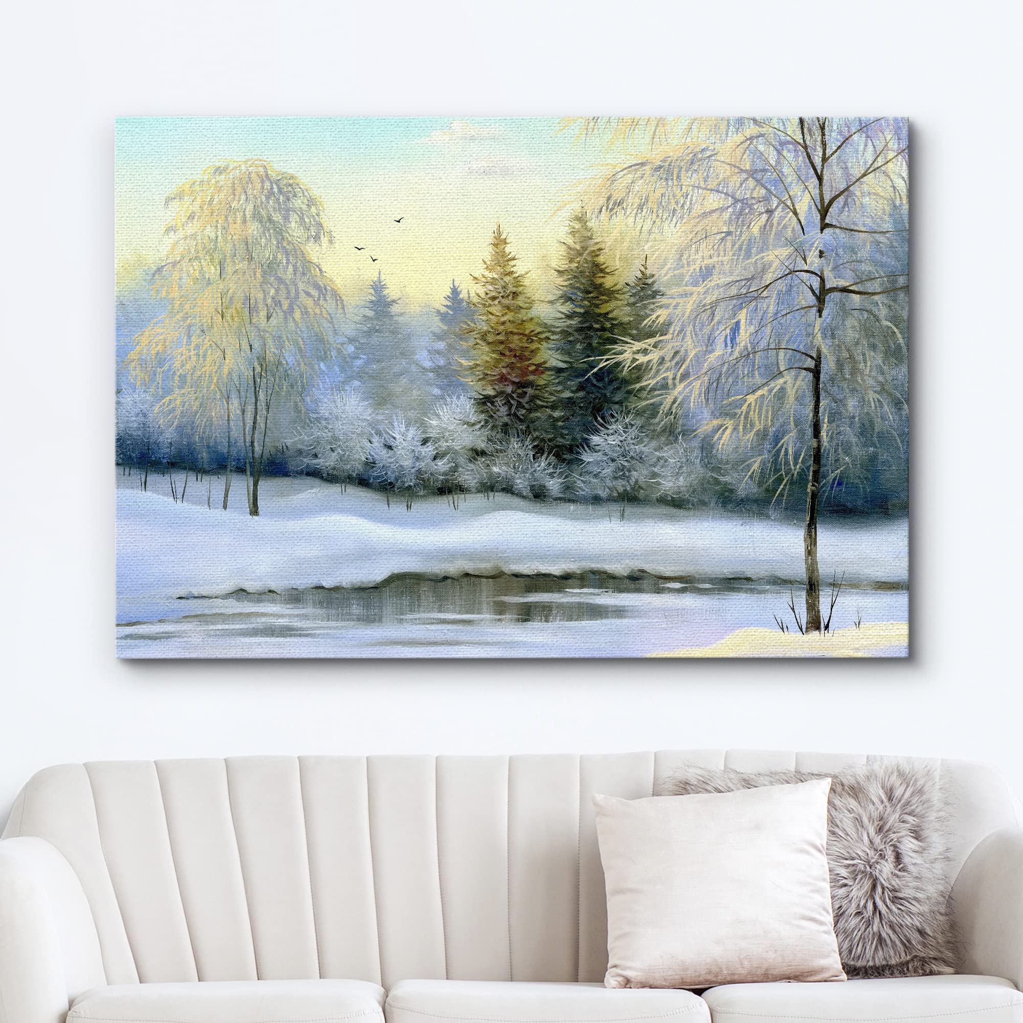 wall26 Canvas Print Wall Art Winter Forest Landscape with Frozen Lake Nature Wilderness Illustrations Modern Art Rustic Scenic Colorful Multicolor for Living Room  Bedroom  Office - 24''x36''