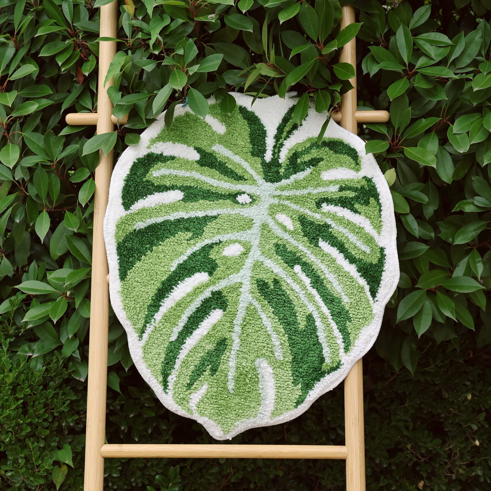 Panstar Green Leaf Mat, Large Monstera Cute Non Slip Palm Shaped Plush Fun Kitchen, Bathroom Bathtub Rugs Machine Washable