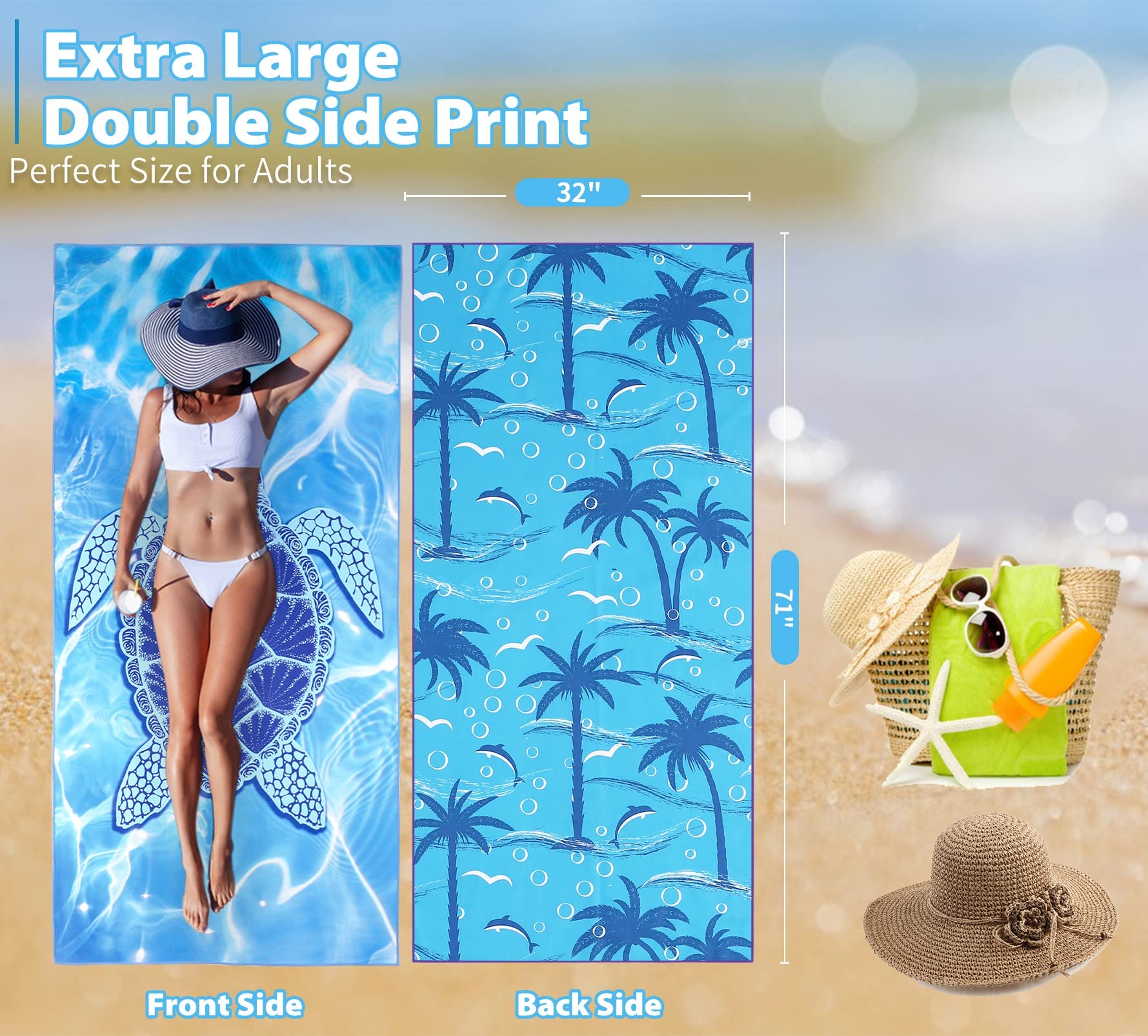 Microfiber Thin Beach Towel Lightweight Oversized 71x32 Extra Large Sand Free Towels Quick Dry for Travel Pool Camping Sports Beach Accessories Vacation Essential Gift Turtle