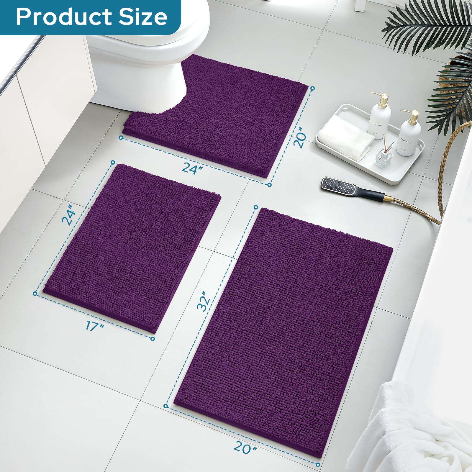 Bysure Deep Purple Bathroom Rugs Sets 3 Piece Non Slip Extra Absorbent Plush Chenille Soft Washable Bath Mats