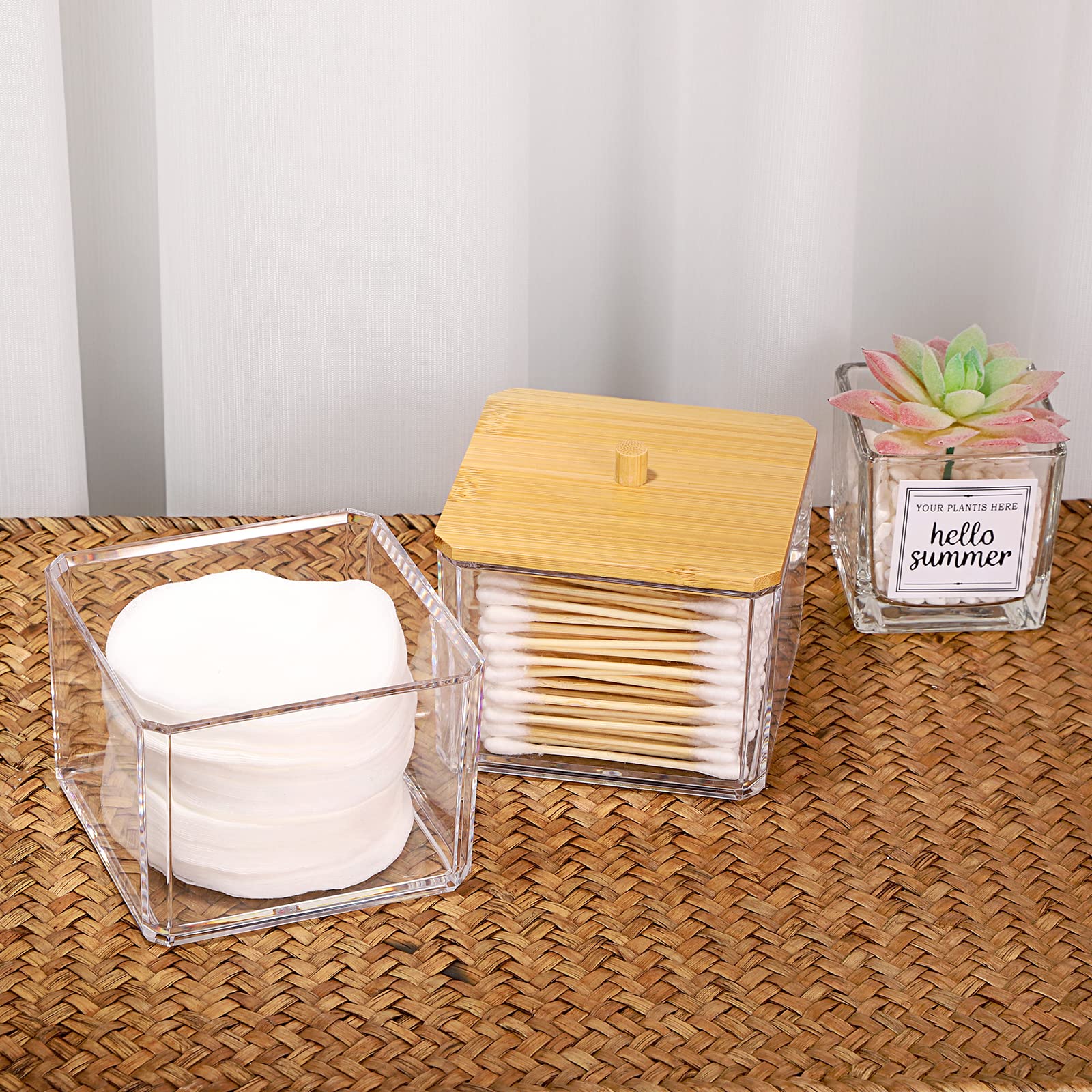 Hipiwe Clear Q-Tip Dispenser Holder Acrylic Bathroom Containers 2-Tier Square Apothecary Jar With Lid Canister Cotton Swab And B