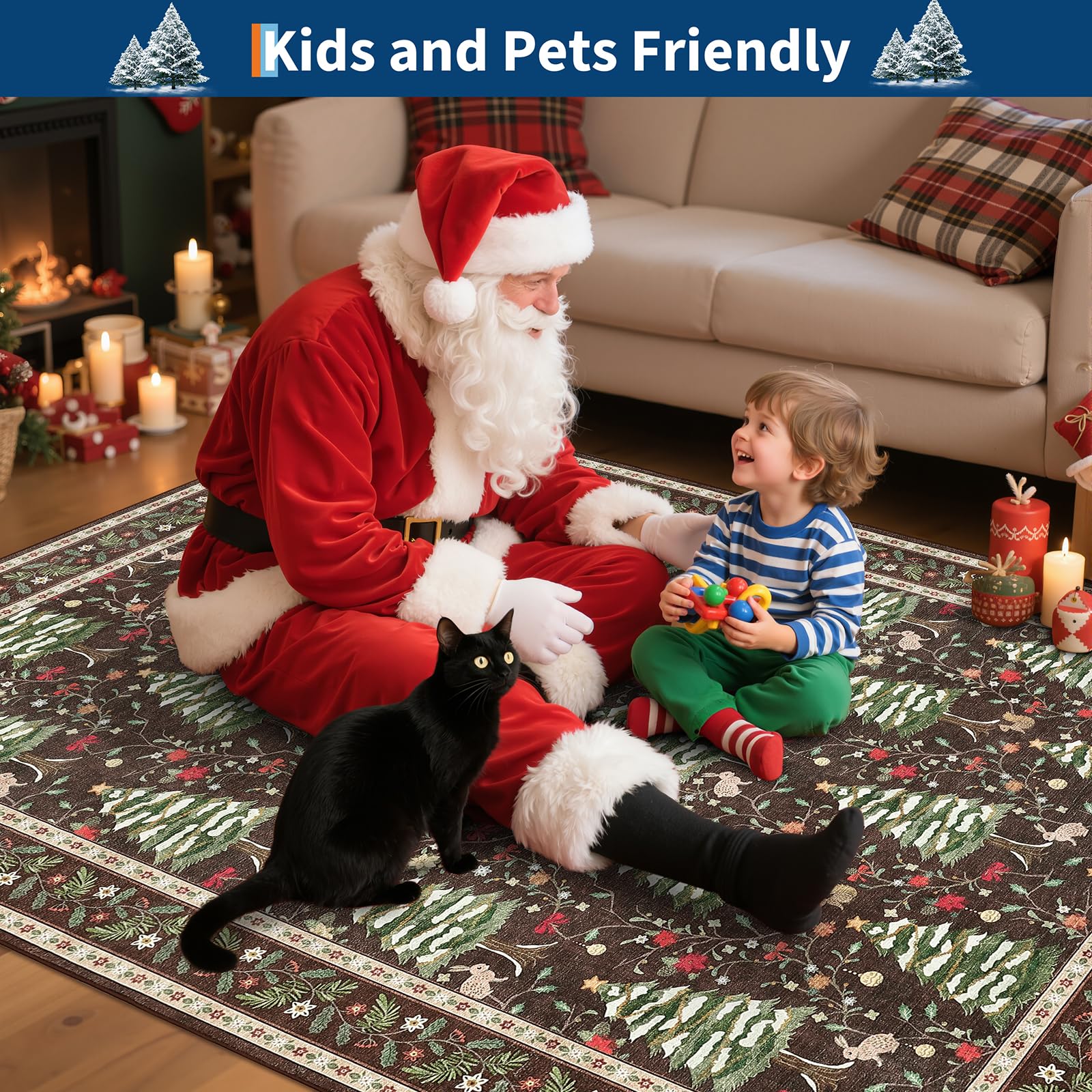 GarveeHome Christmas Area Rug 8x10 Washable Soft Stain Resistant for Living Room Bedroom Nursery Office Christmas Tree Animals P
