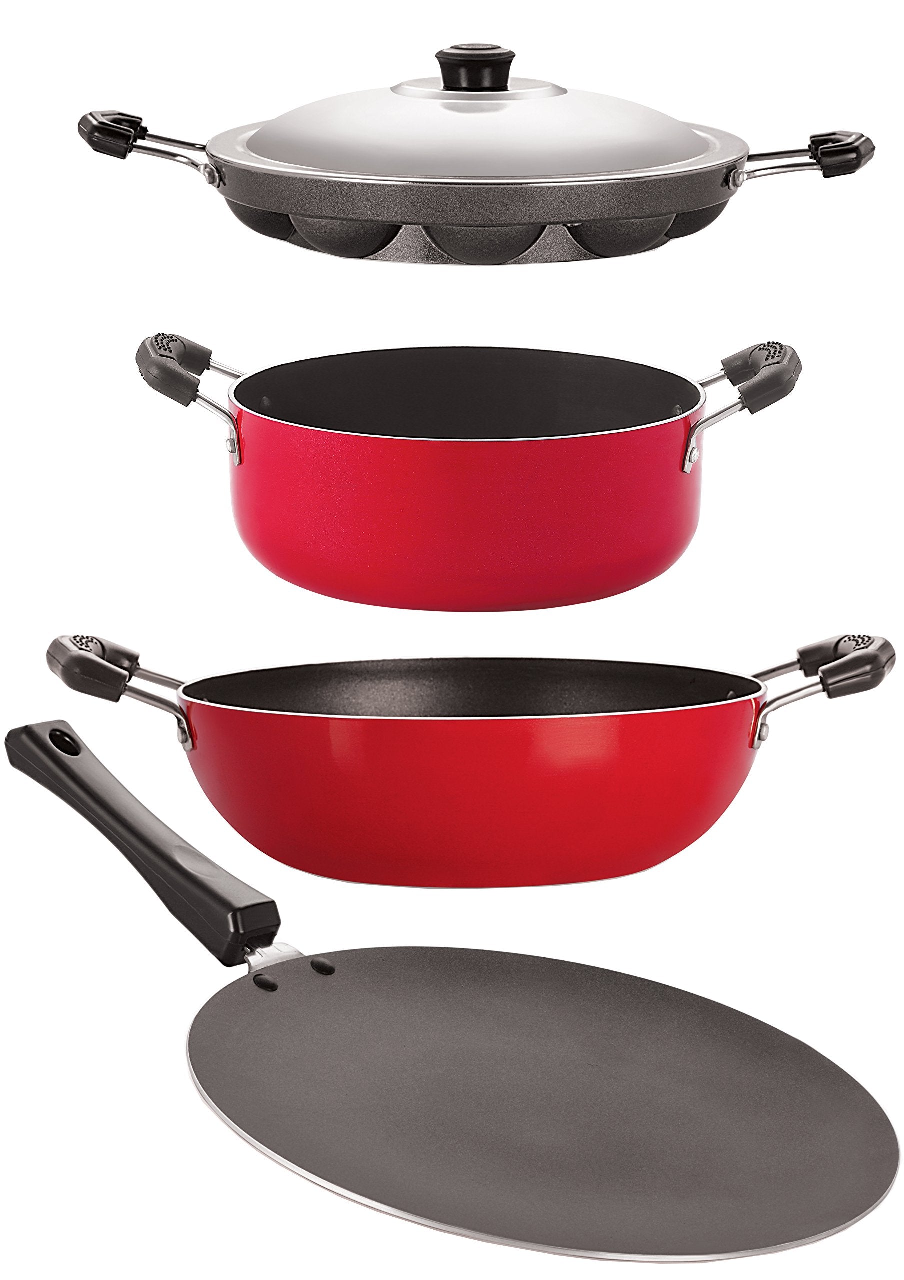 Nirlon NonStick Aluminum Cookware Set, 4Piece, Red And Black (2.6Mm_Ct_Kd13_Appam_Cass20)