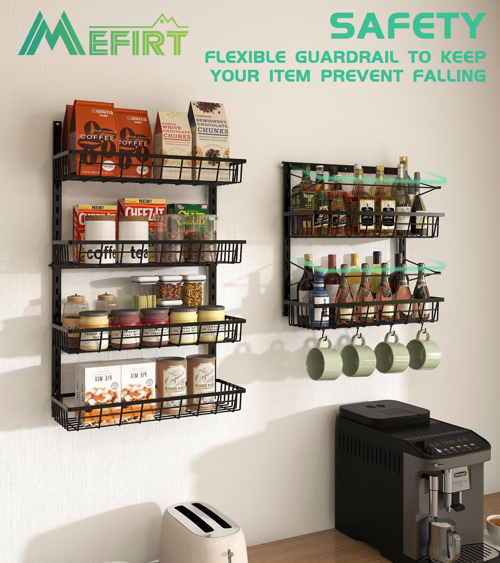 Mefirt Over The Door Pantry Organizer, Pantry Hanging Storage and Organization, 6 Adjustable Baskets Heavy-Duty Metal Wall Mount