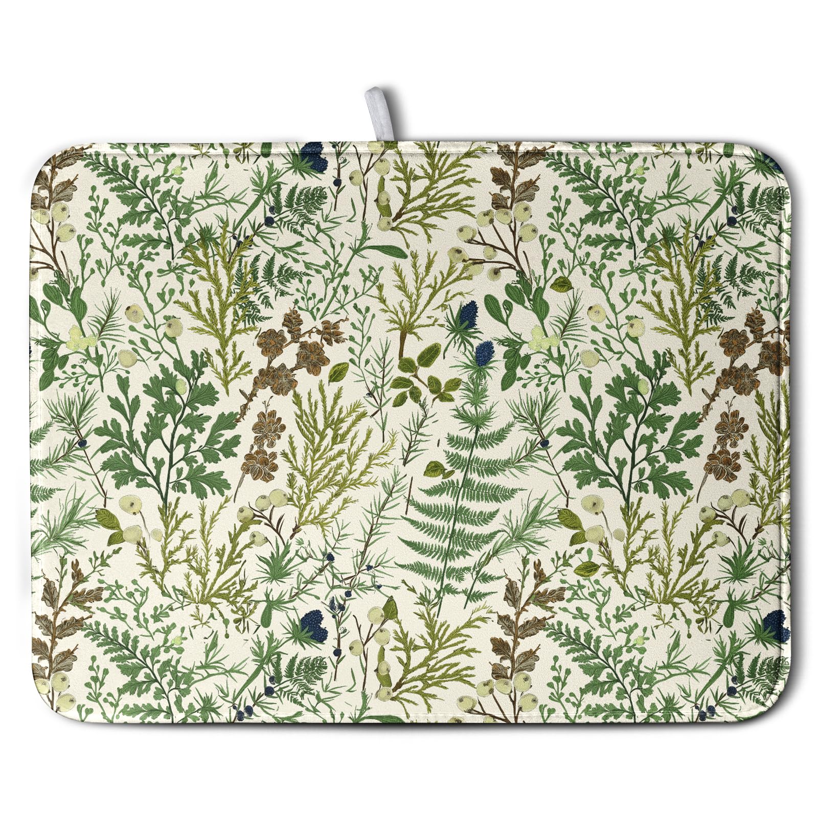 Sage Green Botanical Floral Dish Drying Mat for Kitchen Counter Vintage Herbs Fern Leaves Plant Drying Mats Absorbent Microfiber