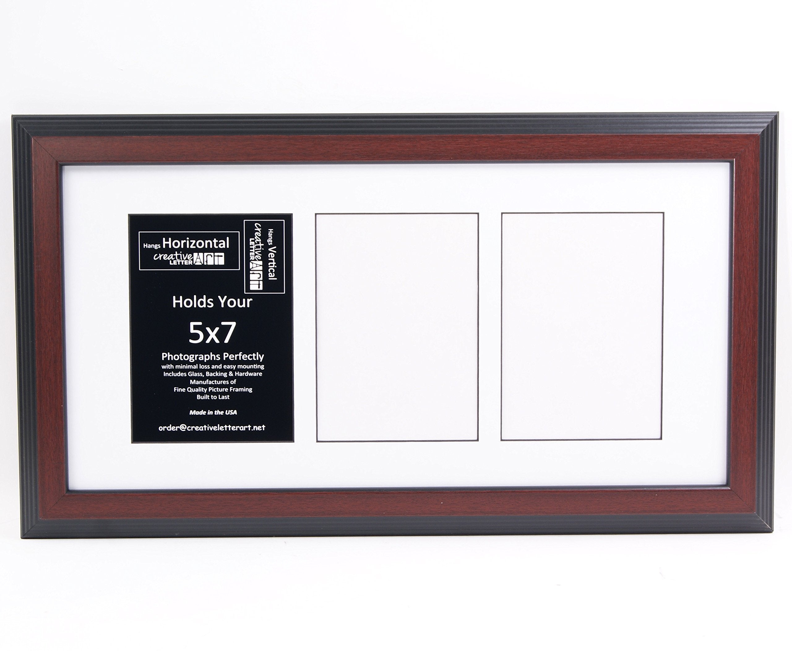 Creative Letter Art 3 Opening Glass Face Mahogany Picture Frame to hold 5 by 7 inch Photographs including 10x20-inch White Mat C