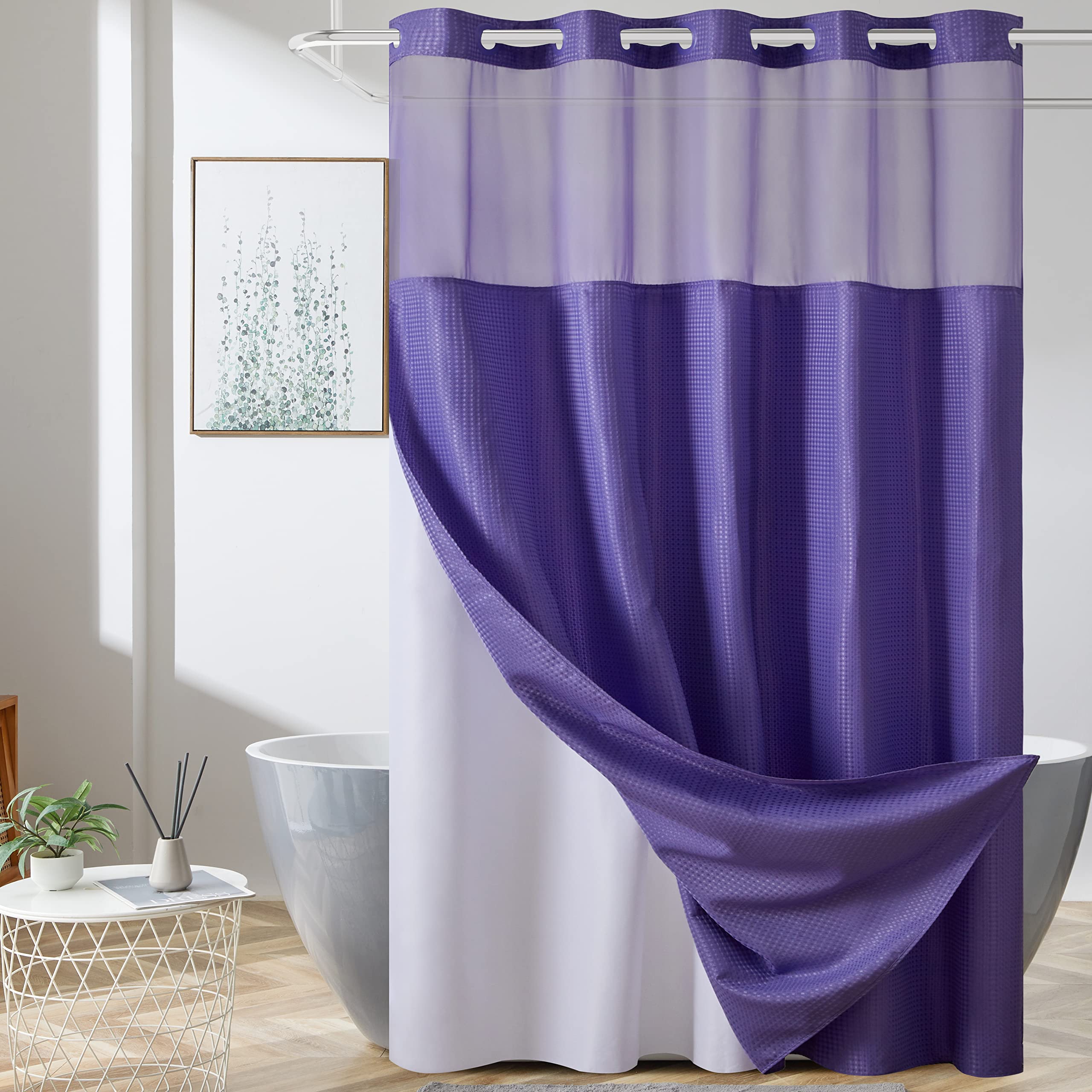 Furlinic Extra Long Waffle Weave No Hook Shower Curtain With Snap In Liner,Heavy Duty Textured Fabric Bathroom Curtains,Hotel St