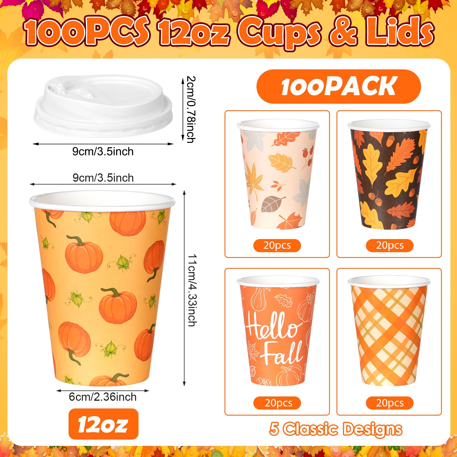 100Pcs 12Oz Fall Disposable Coffee Cups with Lids, Disposable Thanksgiving Cups for Hot Cold Coffee Maple Leaves Pumpkin Paper D