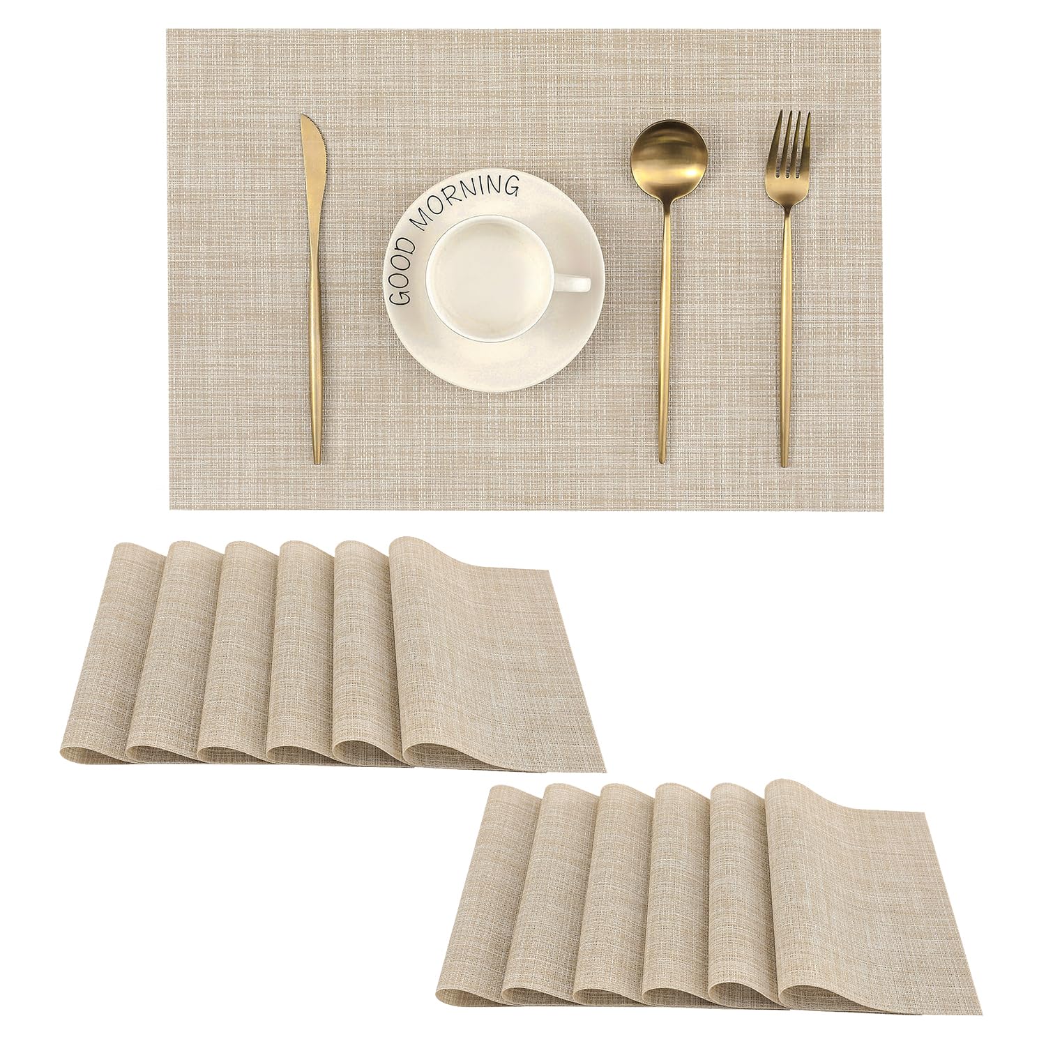 Leetaltree Beige Placemats Set Of 12 - Heat Resistant Non-Slip Place Mats For Dining Table, Washable Durable Pvc Vinyl Woven Tab