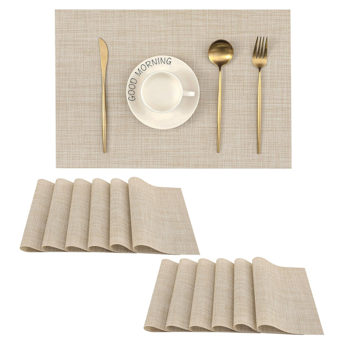 Leetaltree Beige Placemats Set Of 12 - Heat Resistant Non-Slip Place Mats For Dining Table, Washable Durable Pvc Vinyl Woven Tab