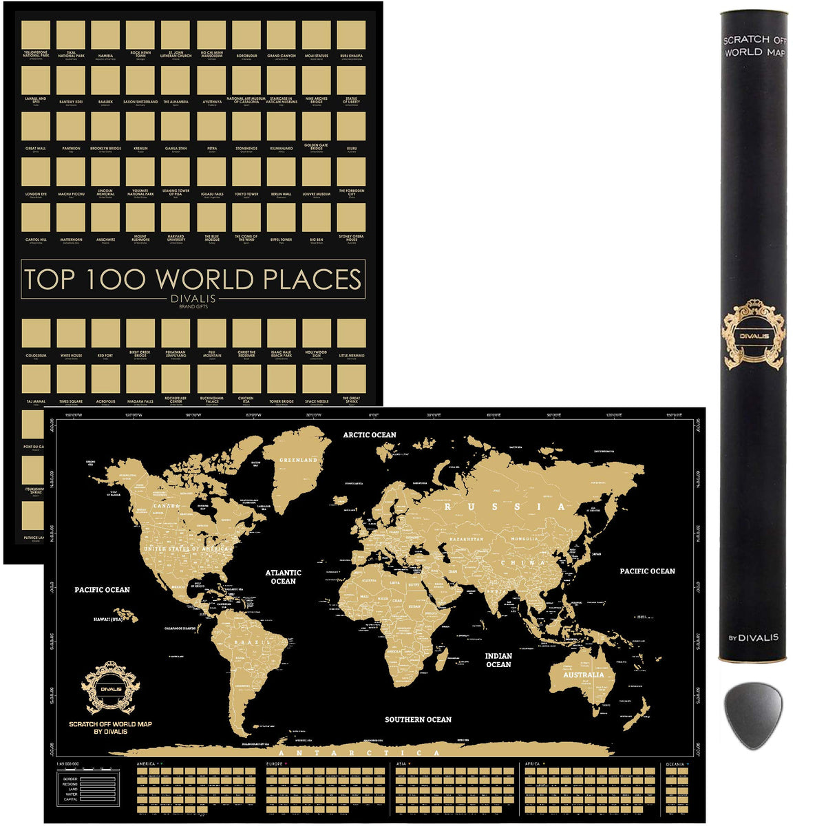 2 In 1 Gift Set - Scratch Off Poster Top 100 Places To Visit In The World And Scratch Off World Map - Best Places Ive Been Map