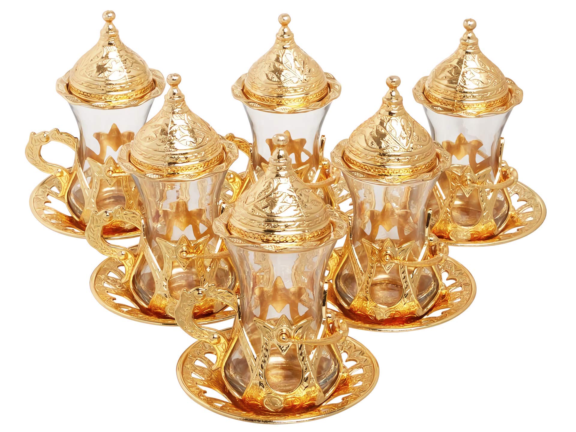 Alisveristime (Set Of 6 Handmade Turkish Tea Water Zamzam Serving Set Glasses Saucer And Spoon (Gold)