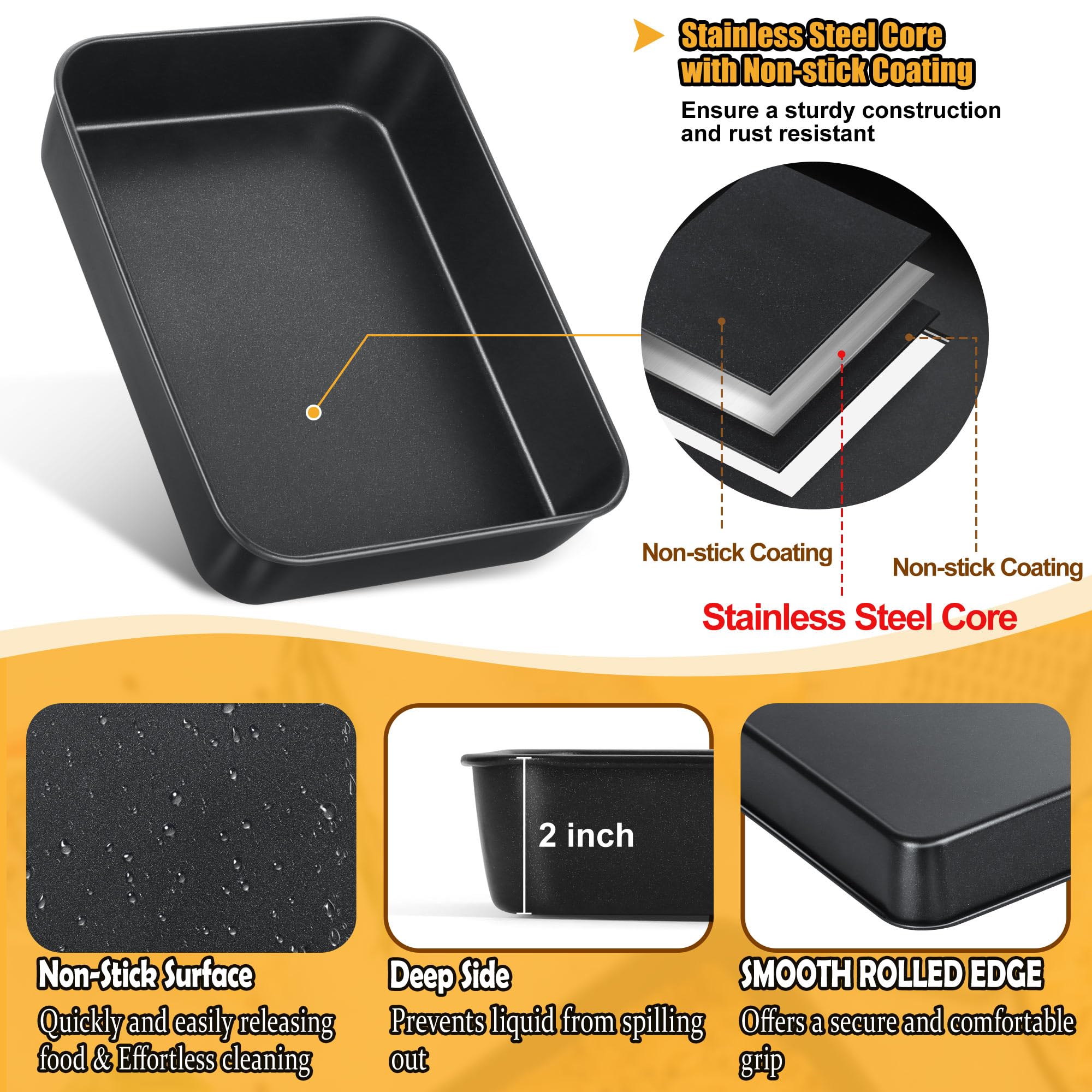 Teamfar Baking Pan With Lid, 9.4 Inch Stainless Steel Lasagna Pan With Black Non-Stick Coating, Roasting Baking Rectangle Cake P