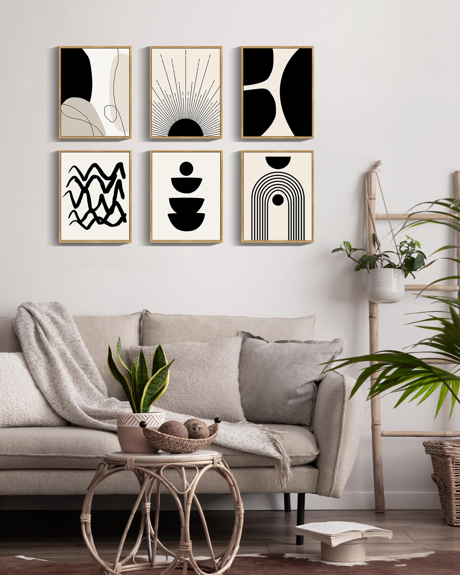 ???????????? Black Abstract Boho Wall Art Minimalist Geometric ???????????? Wood Wall Decor Boho Room Decor Black Beige Art Canvas Painting Mid Century Modern Prints Bohemian Posters for Bedroom Kitchen Office Home Decor   8x10inx6pcs (Framed)