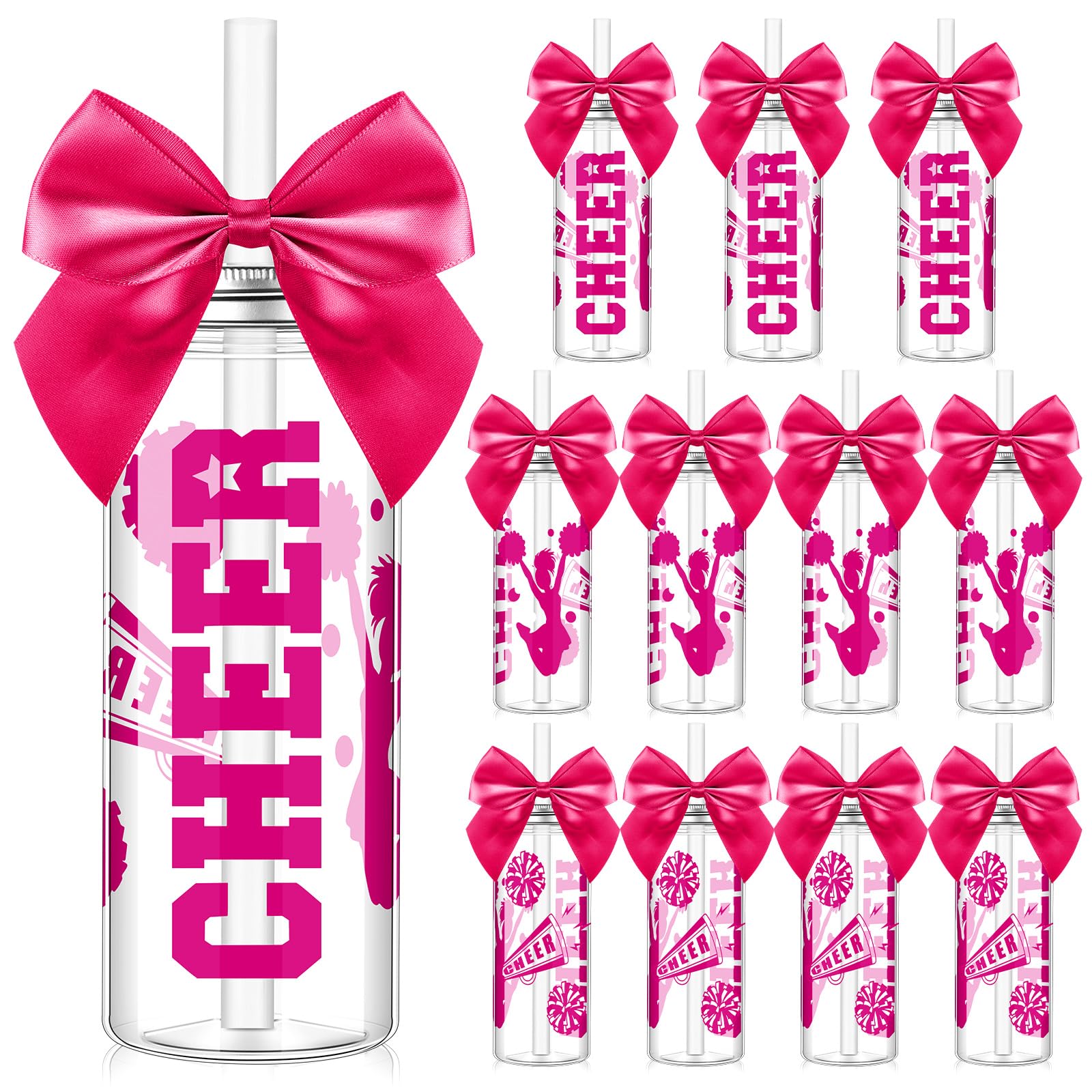 Teenyyou 12 Pcs Hot Pink Cheerleader Gift Bulk for Team Cheer Cups 14 oz Bow Water Bottle Plastic Cheer Tumblers with Lid and St