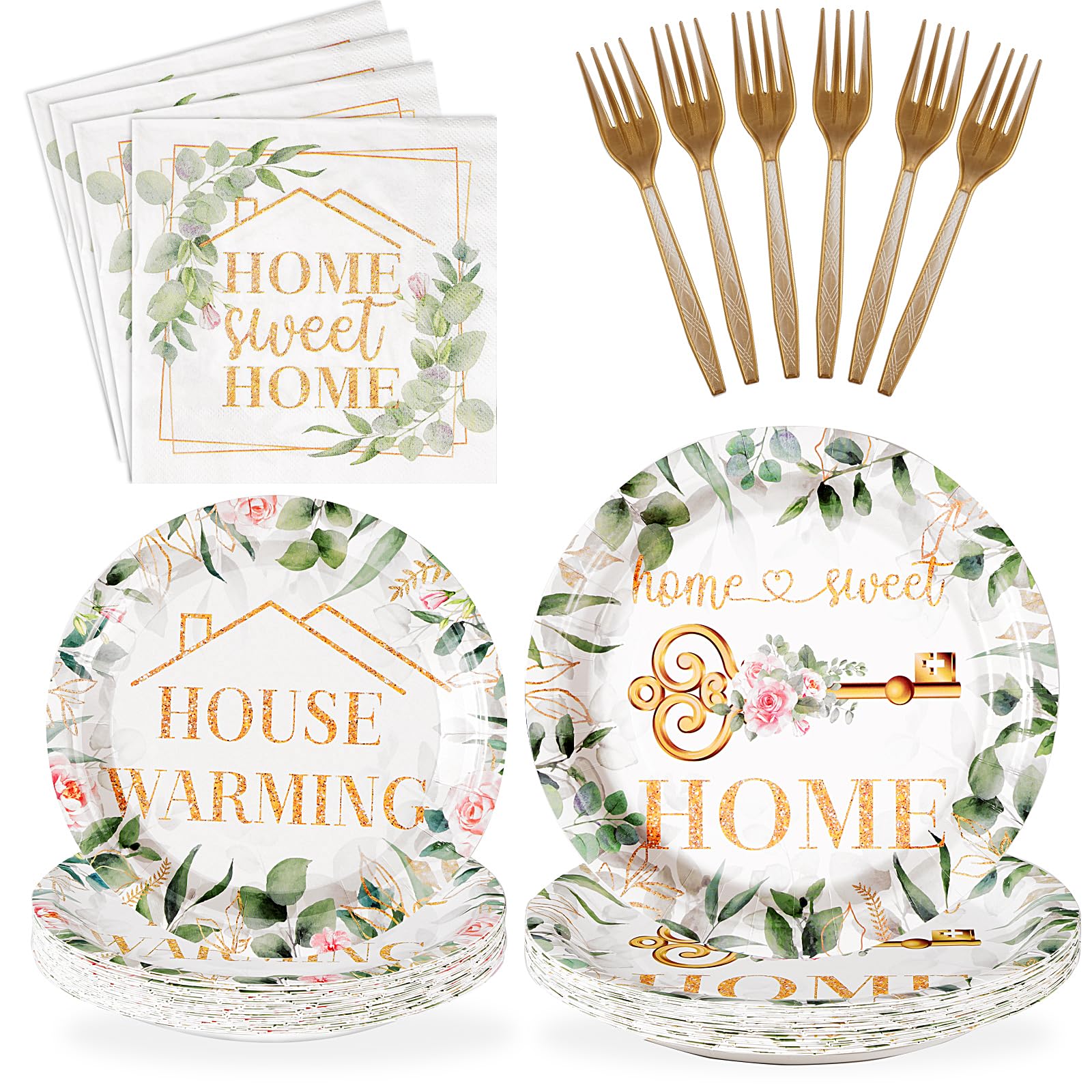 96Pcs House Warming Party Decorations Home Sweet Home Plates Disposable 350Gsm Green Leaves Pink Flower Gold House Warming Paper