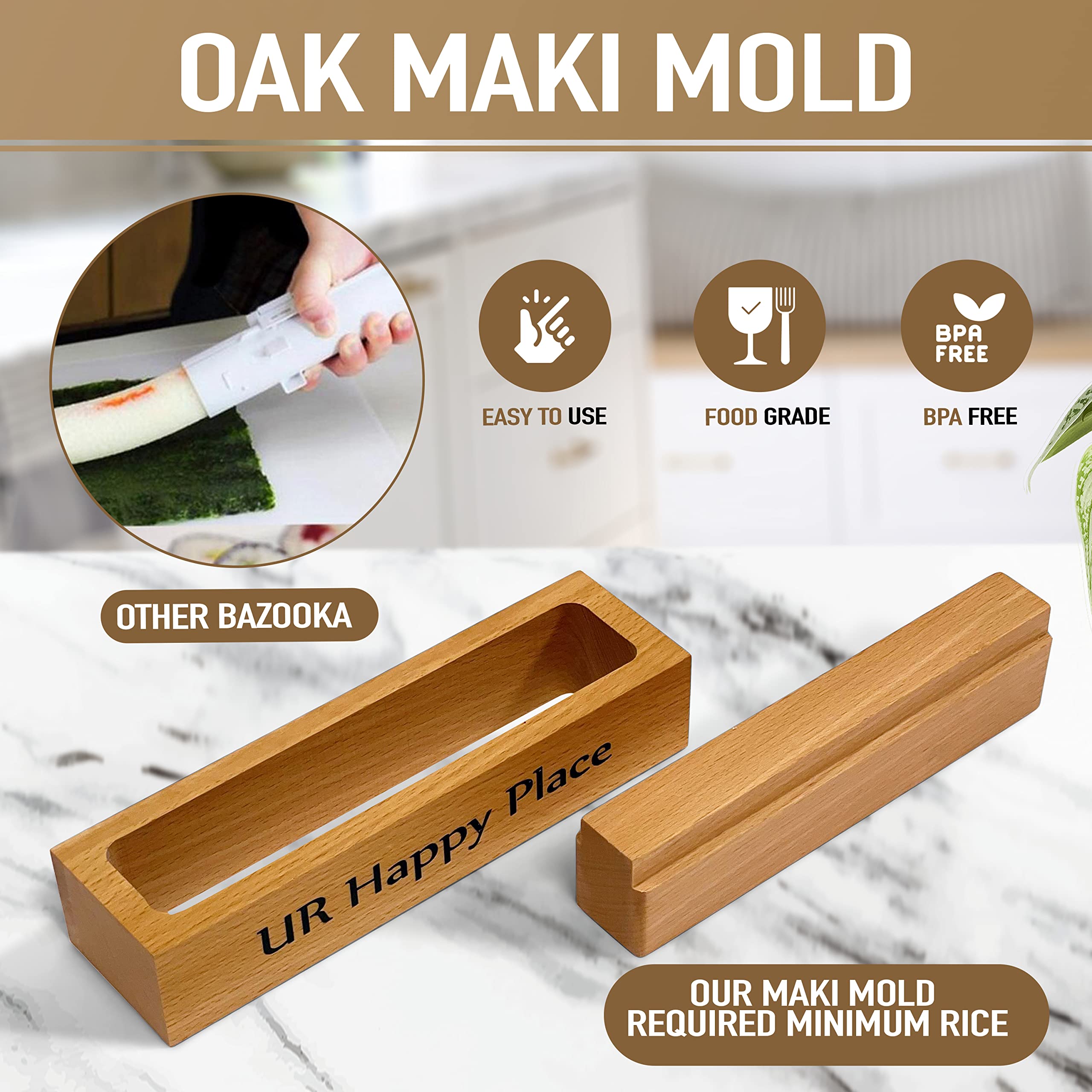 UR Happy Place Sushi Making Kit – 15-Piece Set with Bamboo Mat & Oak Maki Press, Large, Engraved Cherry Blossom Plate
