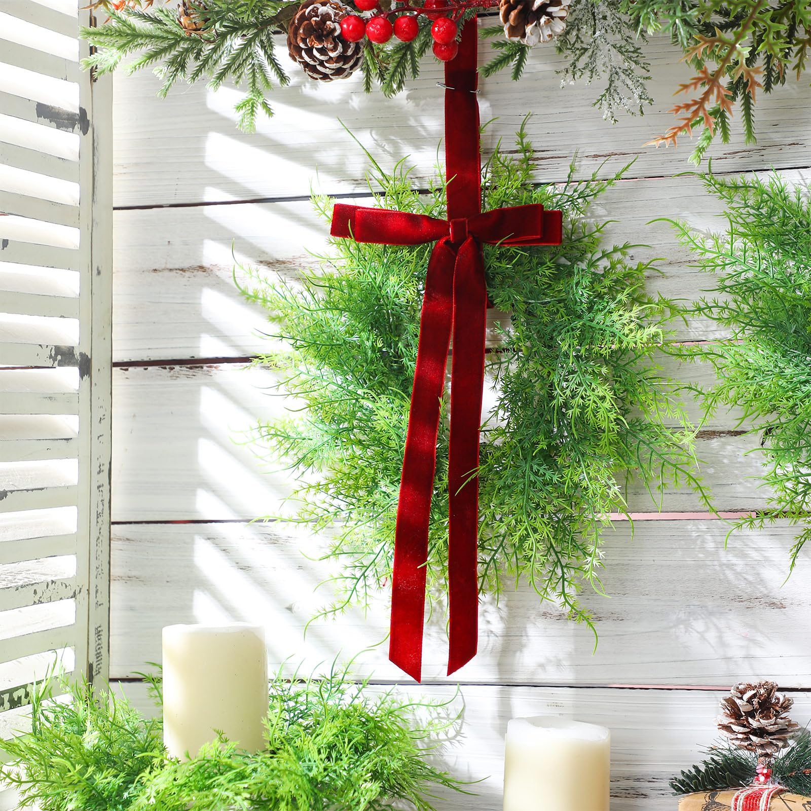 XunYee 4 Pack Small Christmas Wreath for Cabinet Home Kitchen Whimsical Decor with Velvet Bow 11 Persian Grass Lime Green Green