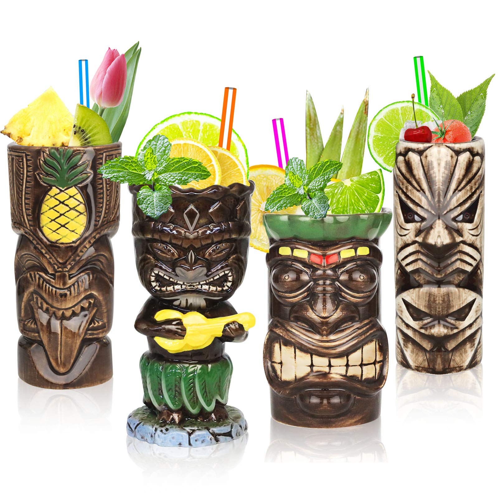 Suprobarware Tiki Mugs Set Of 4- Ceramic Hawaiian Party Mugs Large Drinkware, Tiki Bar Mugs For Cocktails, Tropical Cups Drinks