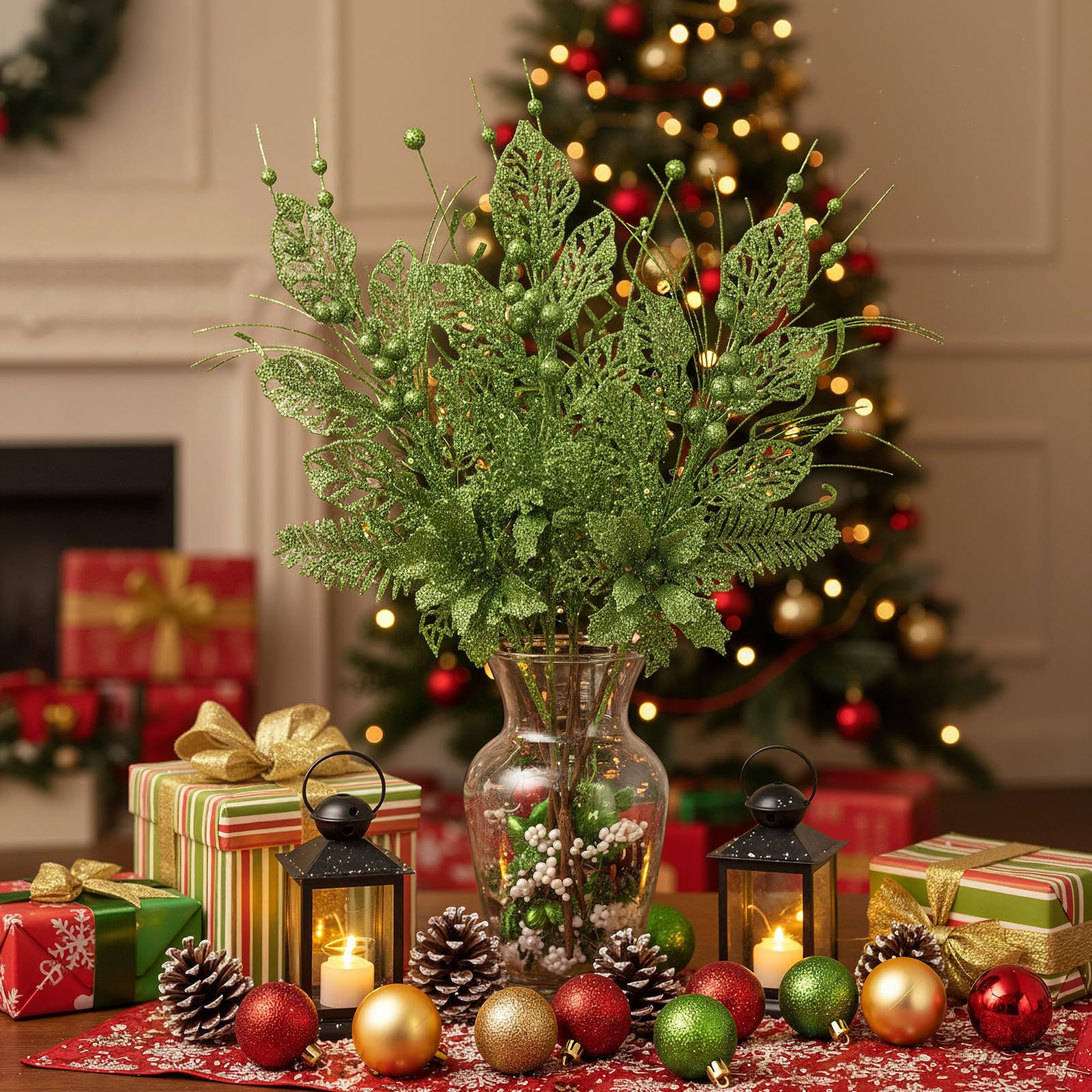 Yunlly 24 Pcs Green Christmas Tree Picks and Sprays Glitter Berry Stem Branches Artificial Christmas Picks Twigs Xmas Tree Ornam