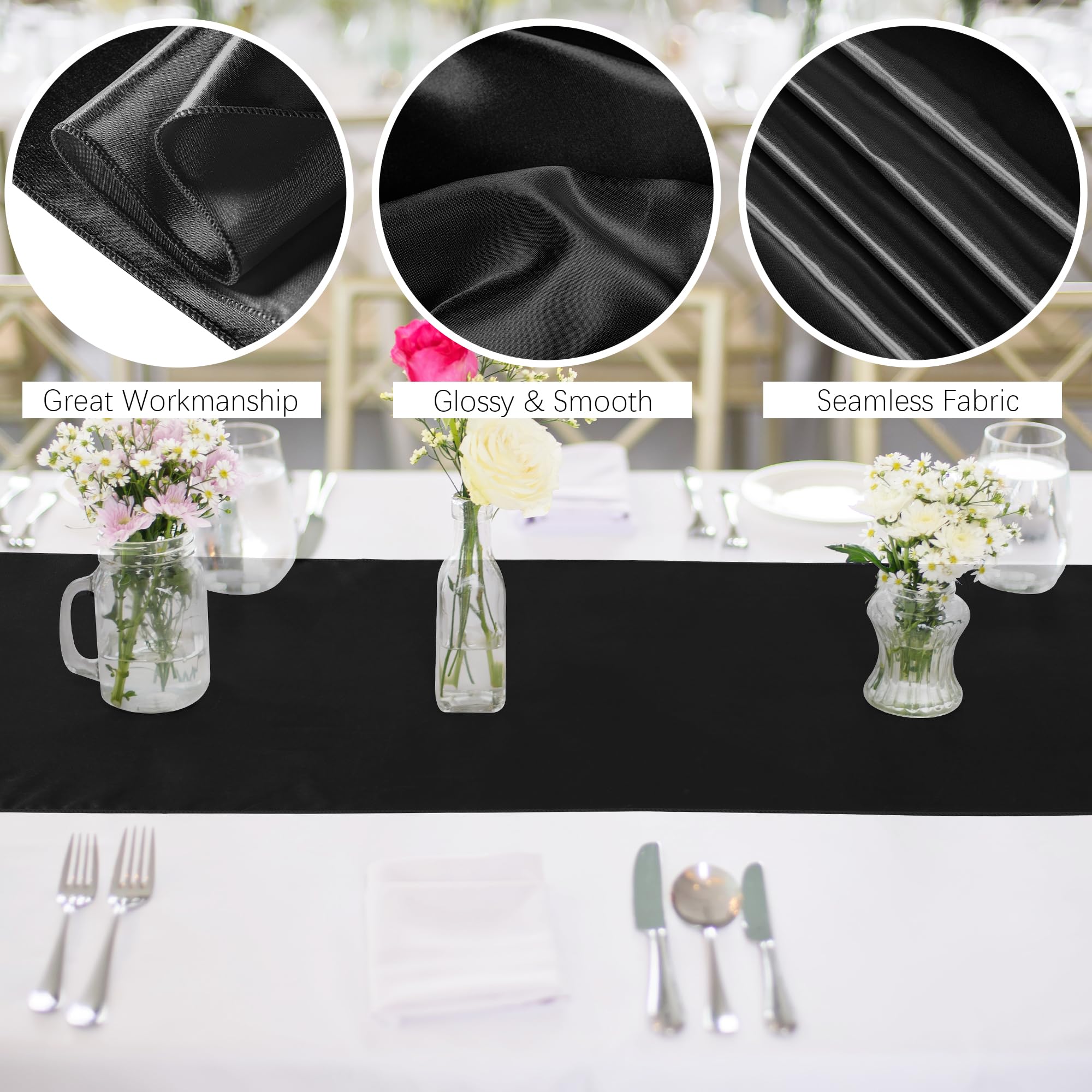 Aneco 12 Pack Satin Table Runner 12 X 108 Inch Black Long Wedding Satin Silk Table Runner For Wedding Banquet Graduations Birthd