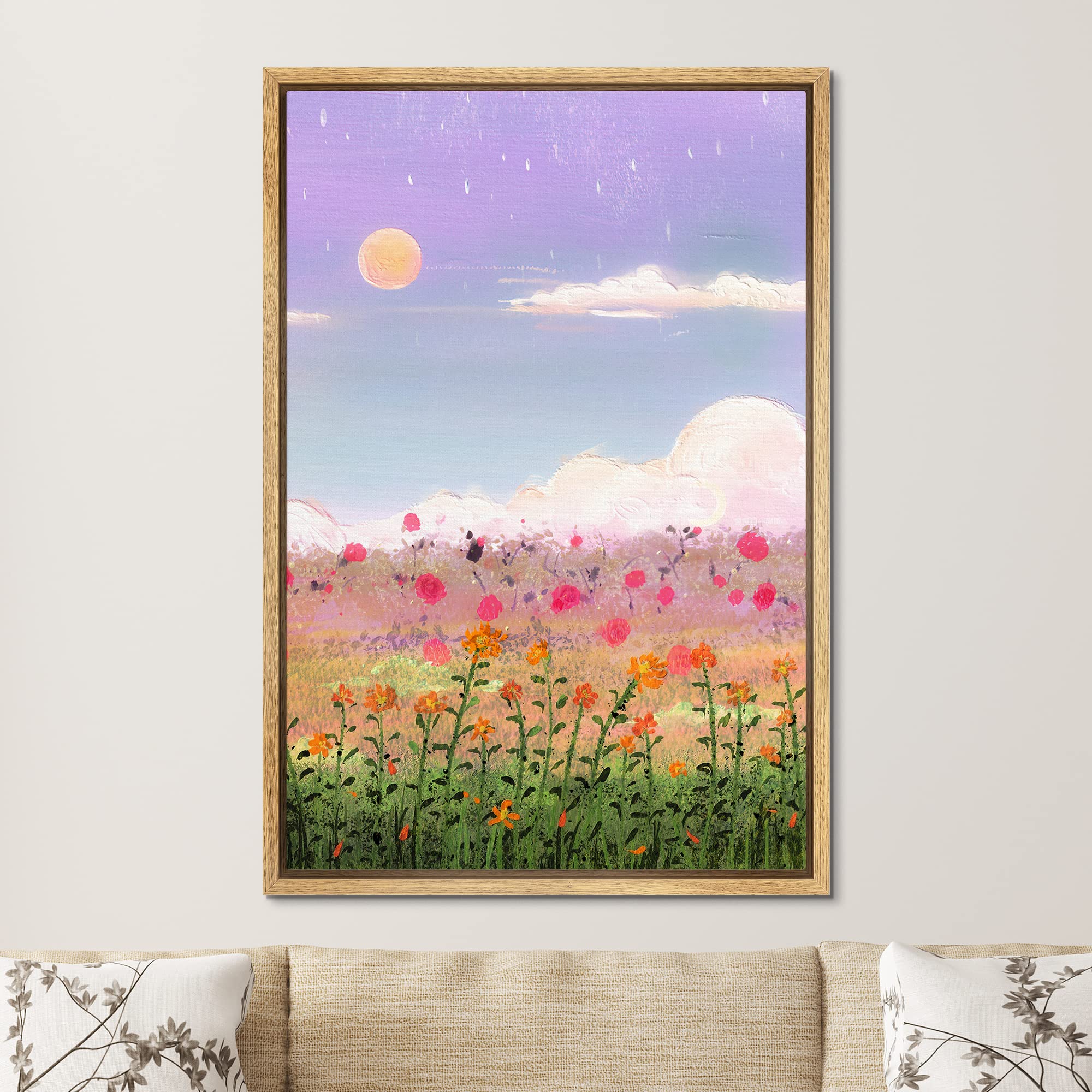 Signford Framed Canvas Print Wall Art Pastel Watercolor Flower Field Garden Paradise Nature Wilderness Illustrations Modern Art