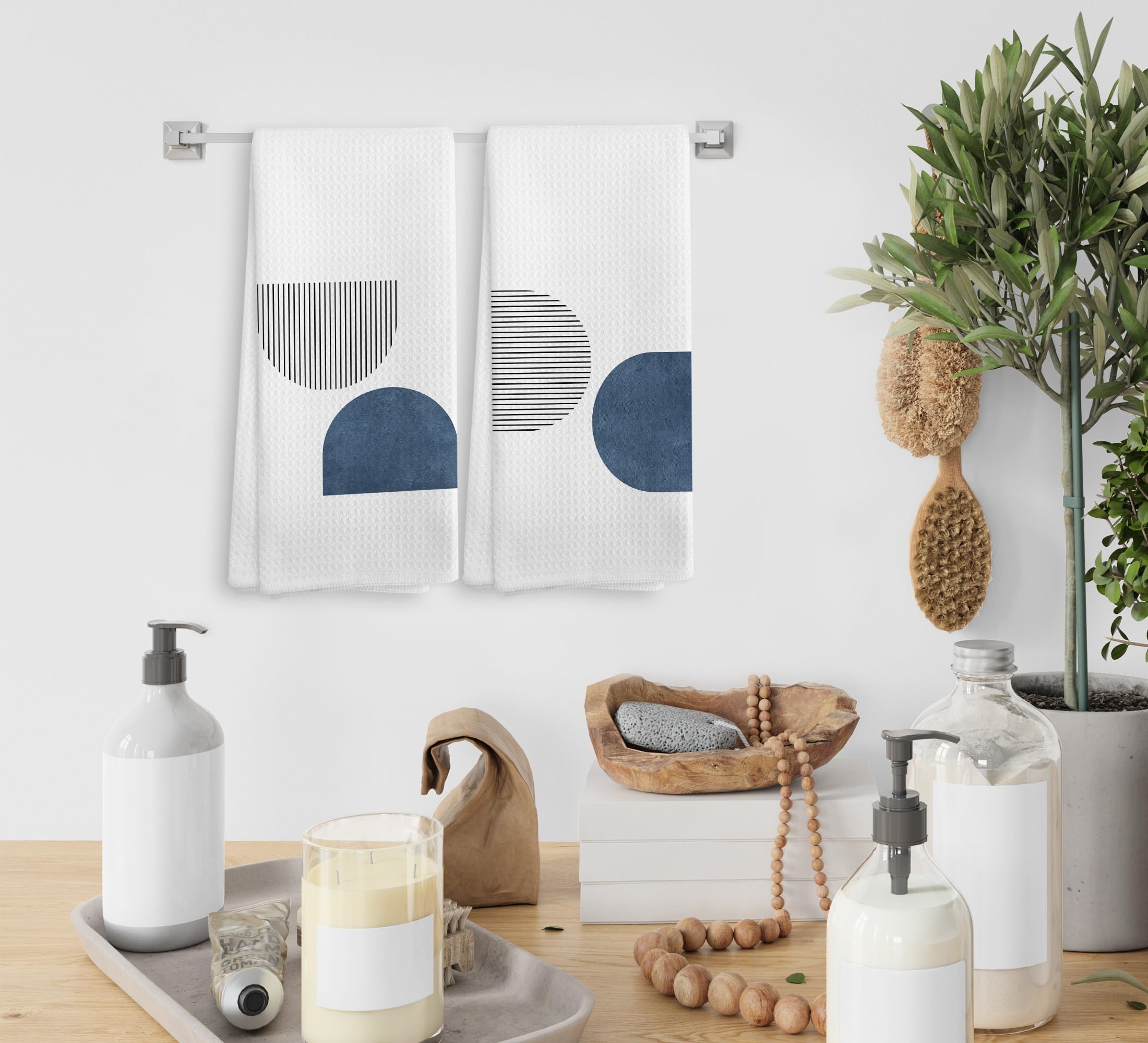 Noql Boho Navy Blue Line Kitchen Towels And Dishcloths Set Of 2, Boho Absorbent Hand Towels, Boho Bohemian Decorative Blue Hand