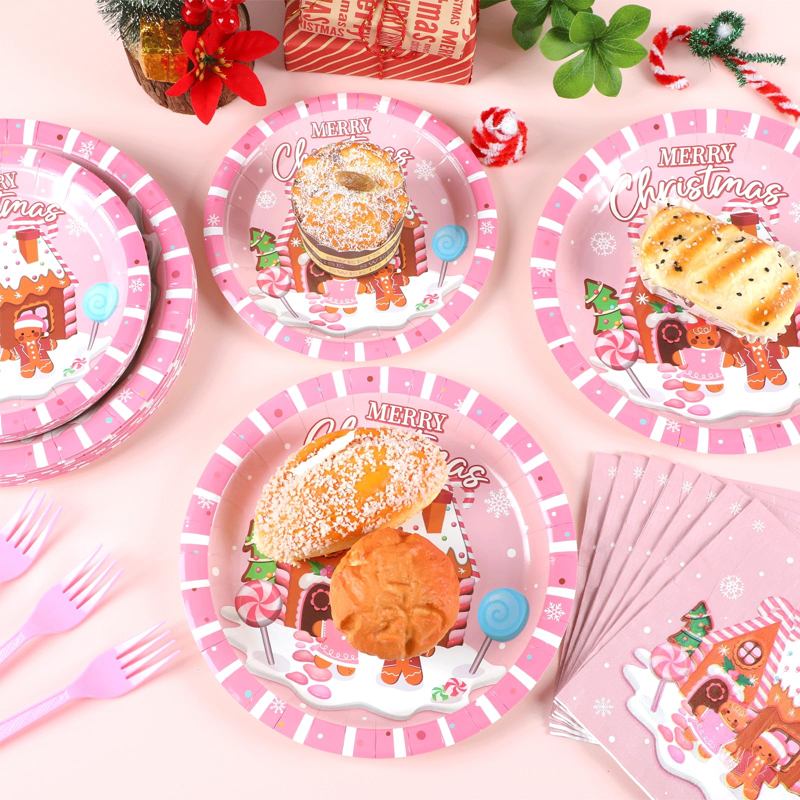96Pcs Christmas Gingerbread Party Supplies Christmas Paper Plates Nankins Pink Gingerbread House Party Decorations Xmas Winter H