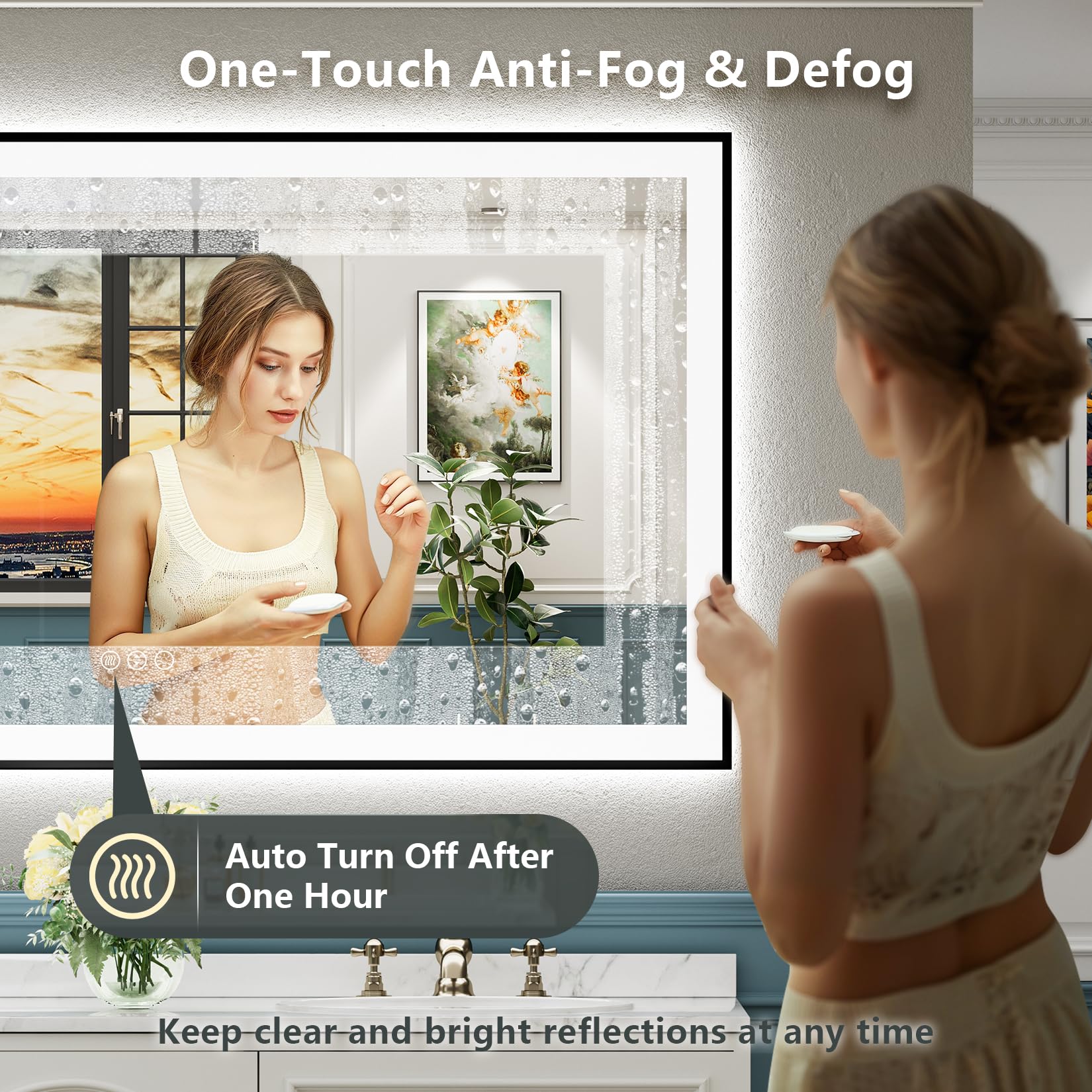 Awandee 55X36 Led Bathroom Mirror With Lights, Black Framed Front And Backlit Led Mirror For Bathroom, Anti-Fog Lighted Mirror,