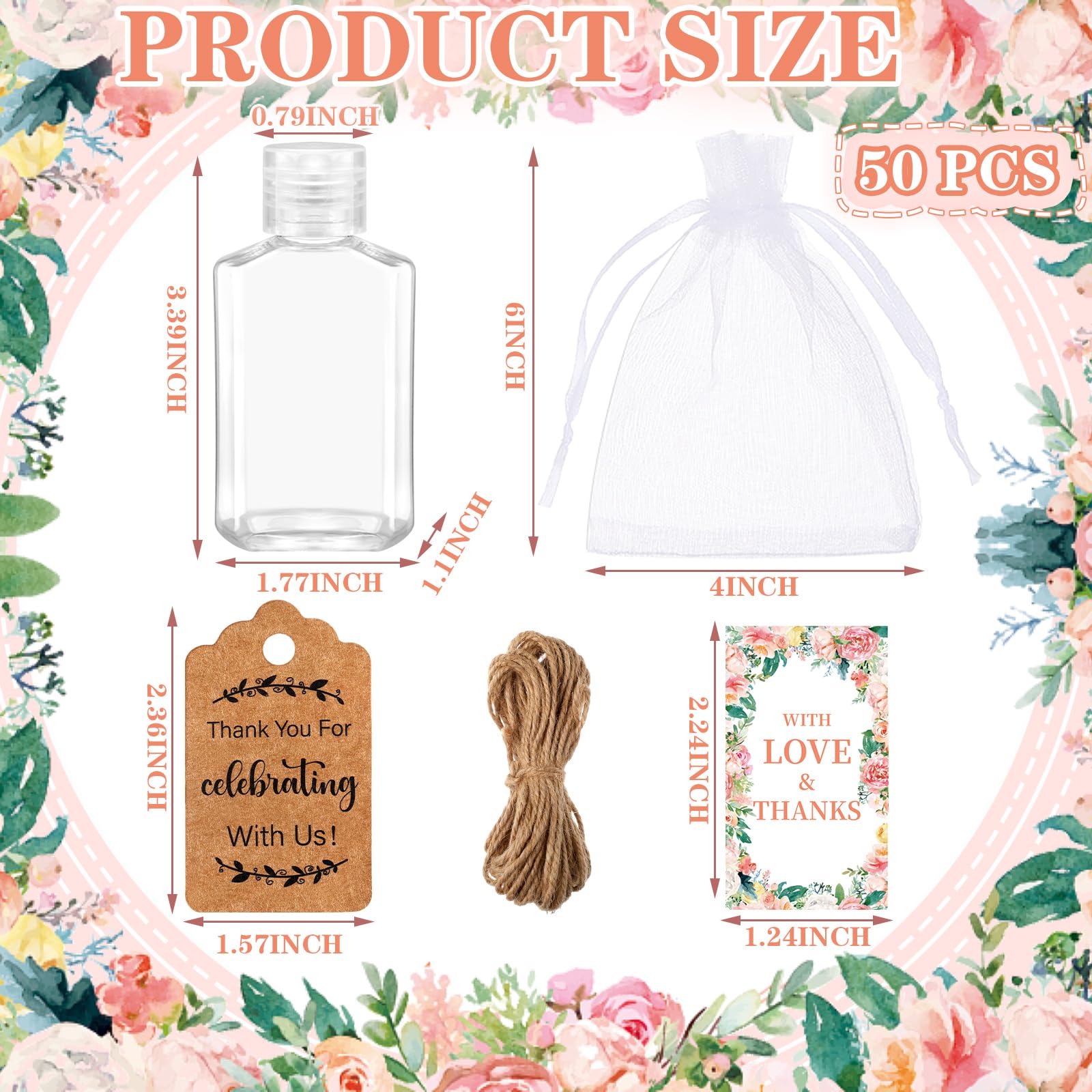 Tiangrid 50 Sets Mini Hand Sanitizer Bottles Wedding Favors Bulk For Guests 50 2Oz Empty Travel Size Hand Sanitizer Bottles With