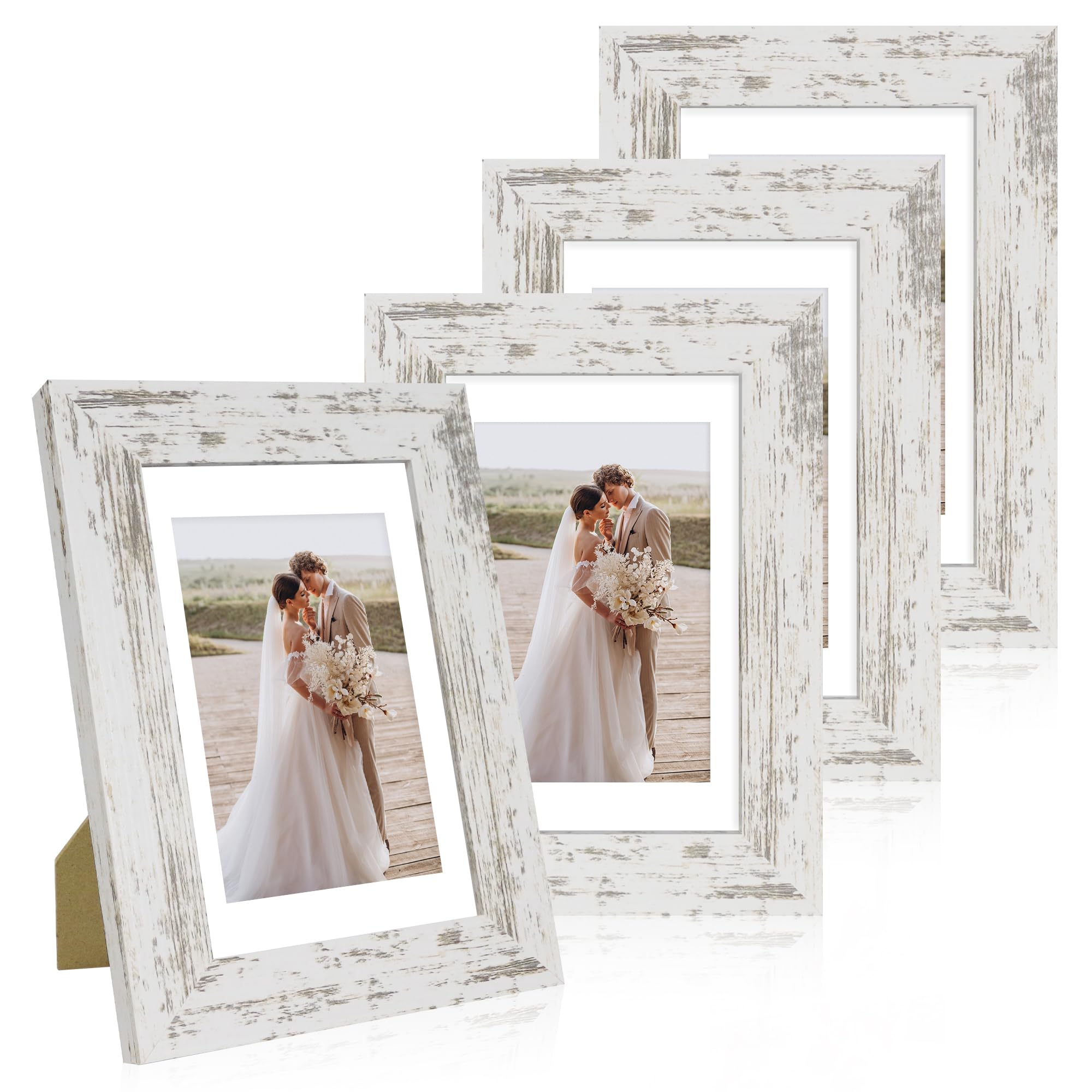 Hongkee 4x6 Picture Frame Set of 4, Made of Real Glass and Distressed White Wooden Frame, 4 by 6 Photo for Wall or Tabletop - Di