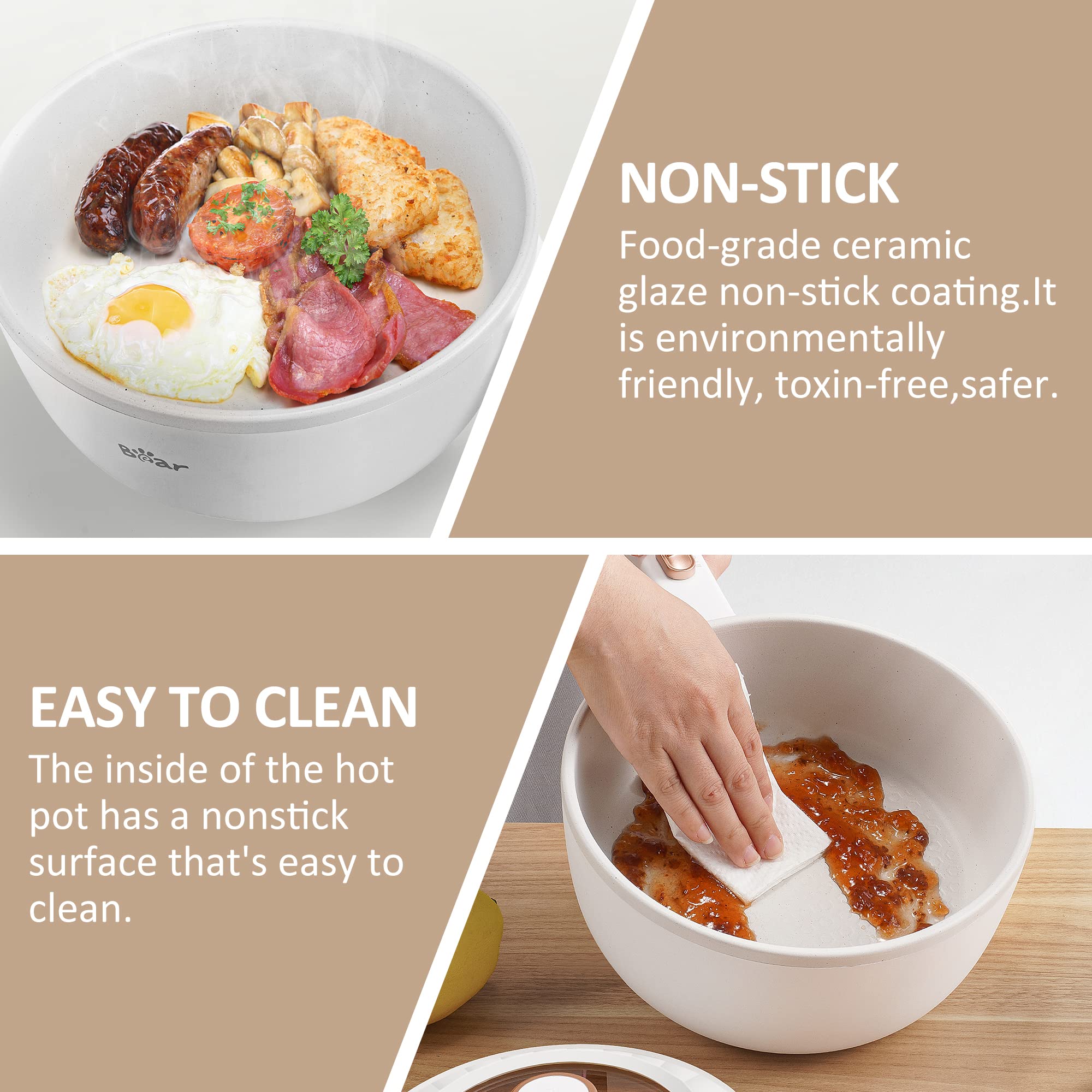 Bear Hot Pot Electric  2L Multifunctional Portable Pot for Cooking  1000W Rapid Noodles Electric Pot  Non-Stick Frying Pans for Steak  Egg  Ramen  Oatmeal with Dual Power Adjustment