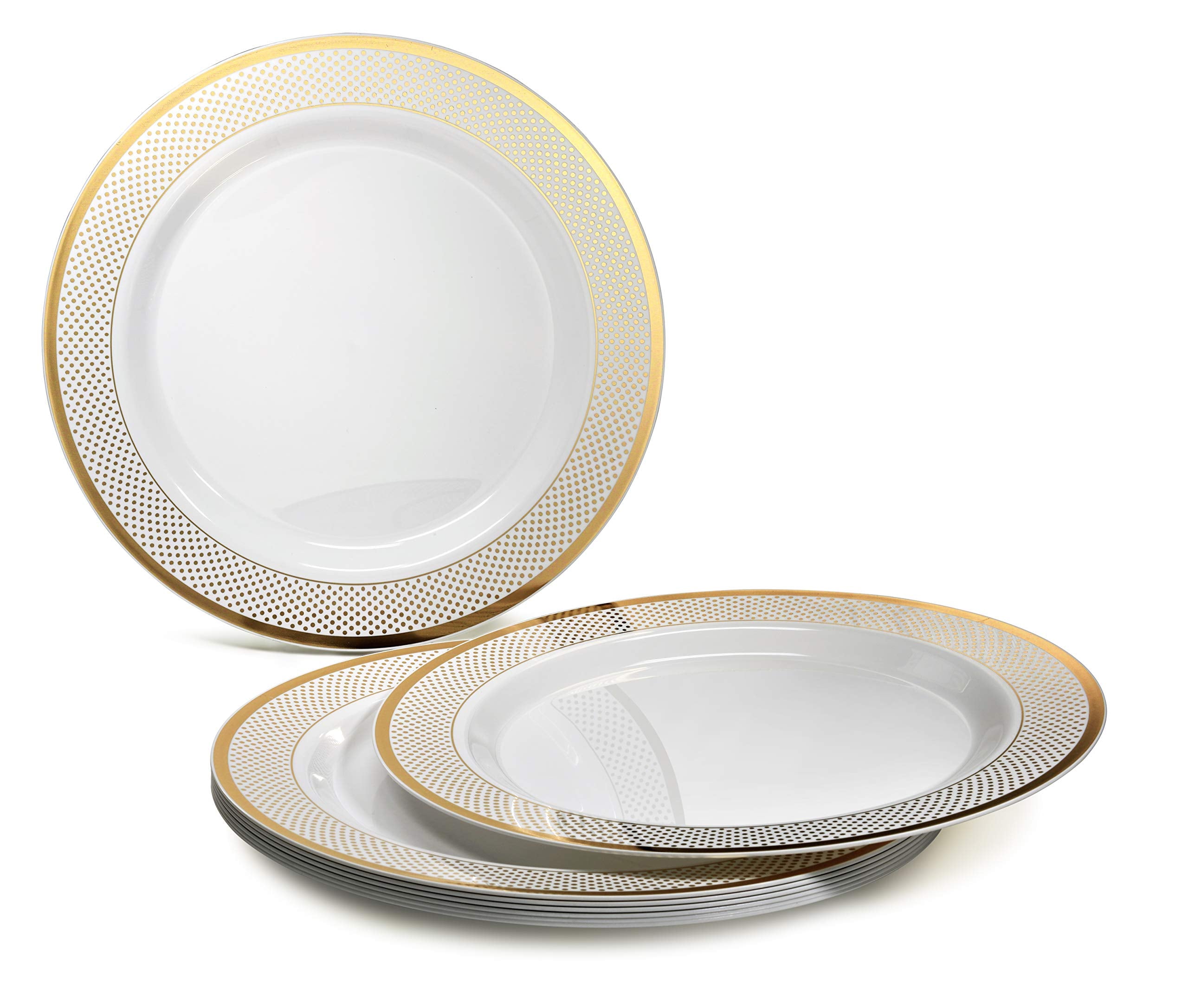 ' OCCASIONS '' 50 Plates Pack (25 Guests)-Heavyweight Wedding Party Disposable Plastic Plate Set -25 x 10.5'' Dinner + 25 x 7.5'' Salad/Dessert plates (Sundance in White & Gold)