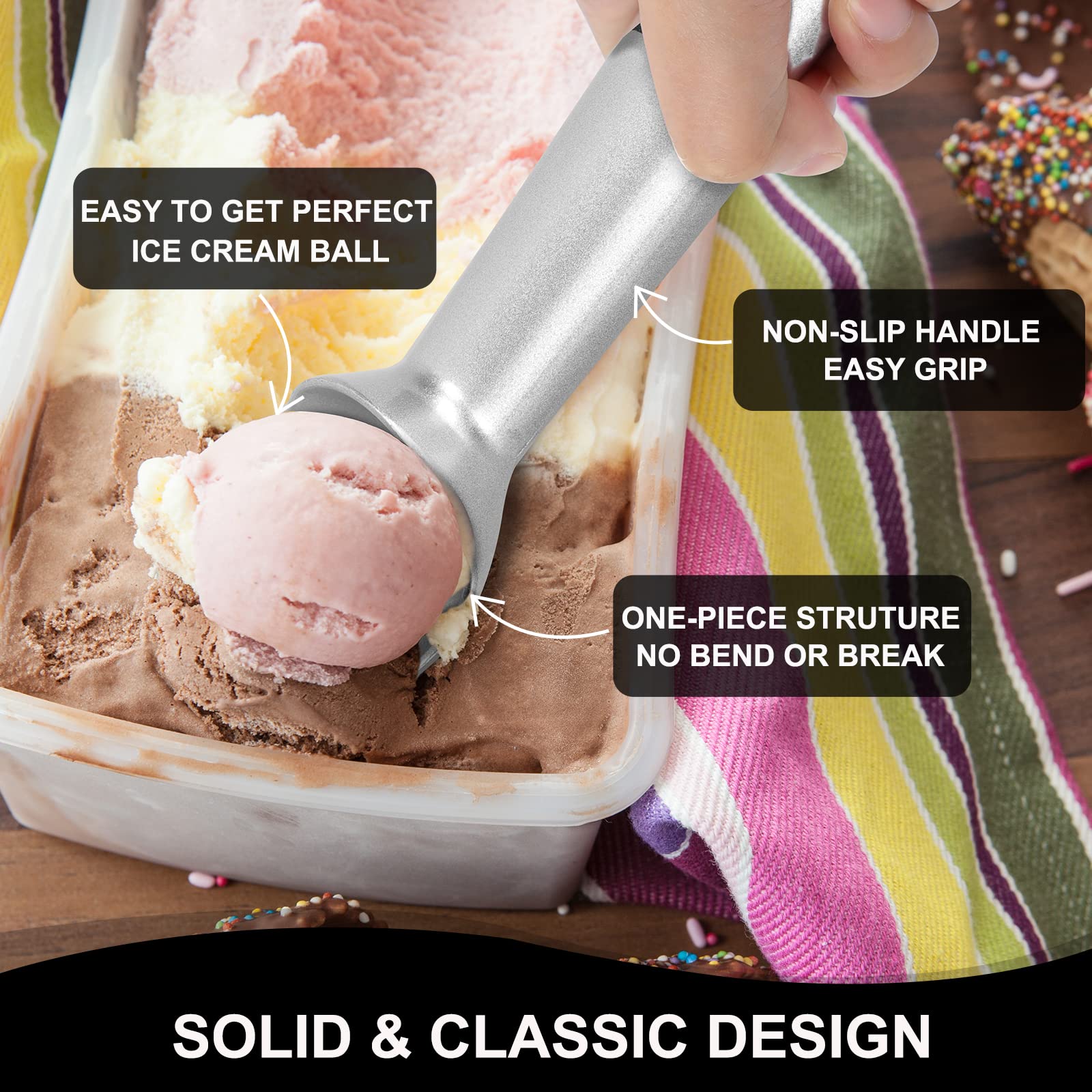 Cunsenr 7 Inch Ice Cream Scoop - Professional Metal Ice Cream Scooper - Easy To Use & Clean - Non-Stick Aluminum Ice Cream Spoon