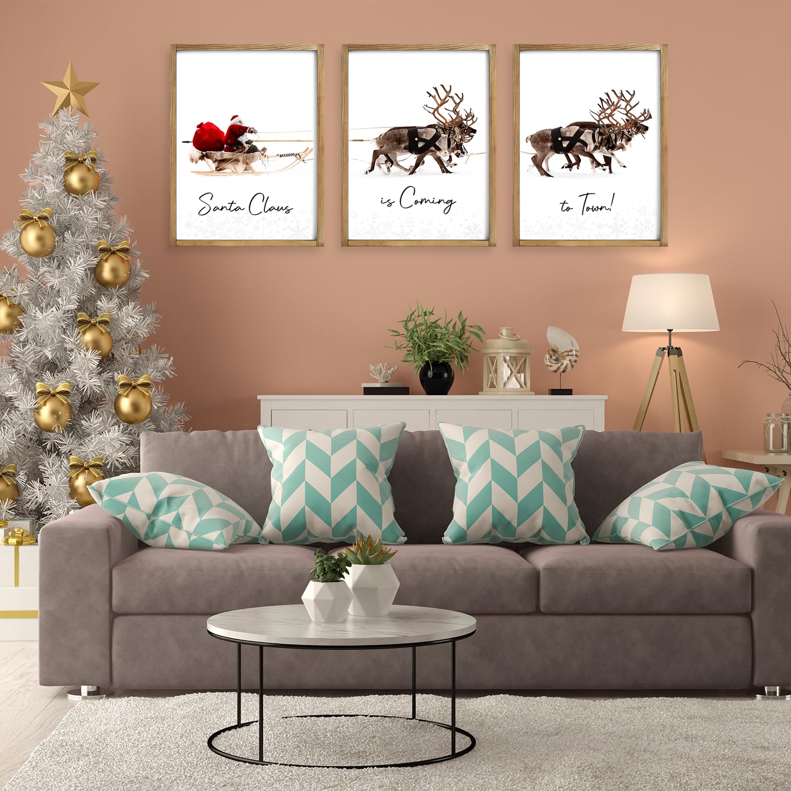 Litivy Framed Set Of 3 Christmas Wall Art Christmas Santa Claus With Sleigh Deer For Christmas Wall Decor Prints Xmas Sign For H