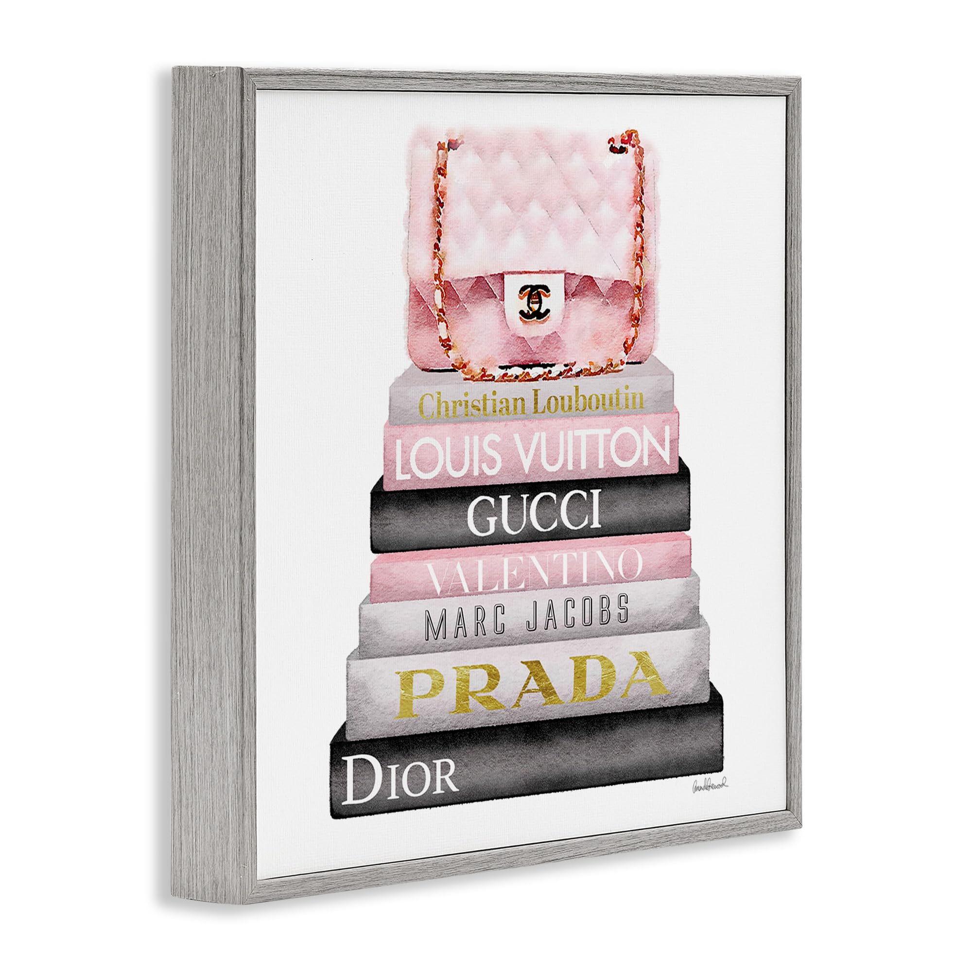 Stupell Industries Watercolor High Fashion Bookstack Padded Pink Bag  Design by Amanda Greenwood Wall Art  17 x 17  Gray Framed