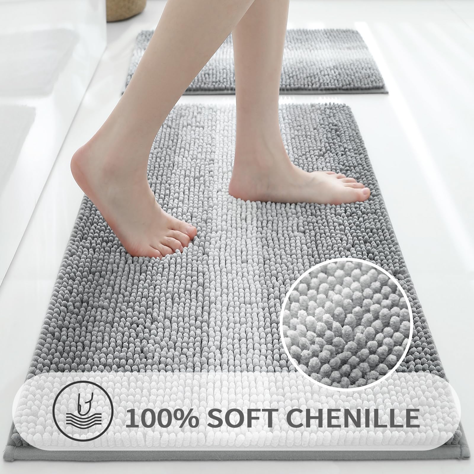 Gibelle Grey Bathroom Rugs, Luxury Chenille Bath Mat, Small Non Slip Shower Rug And Bath Room Floor Mats, Machine Washable, Quic