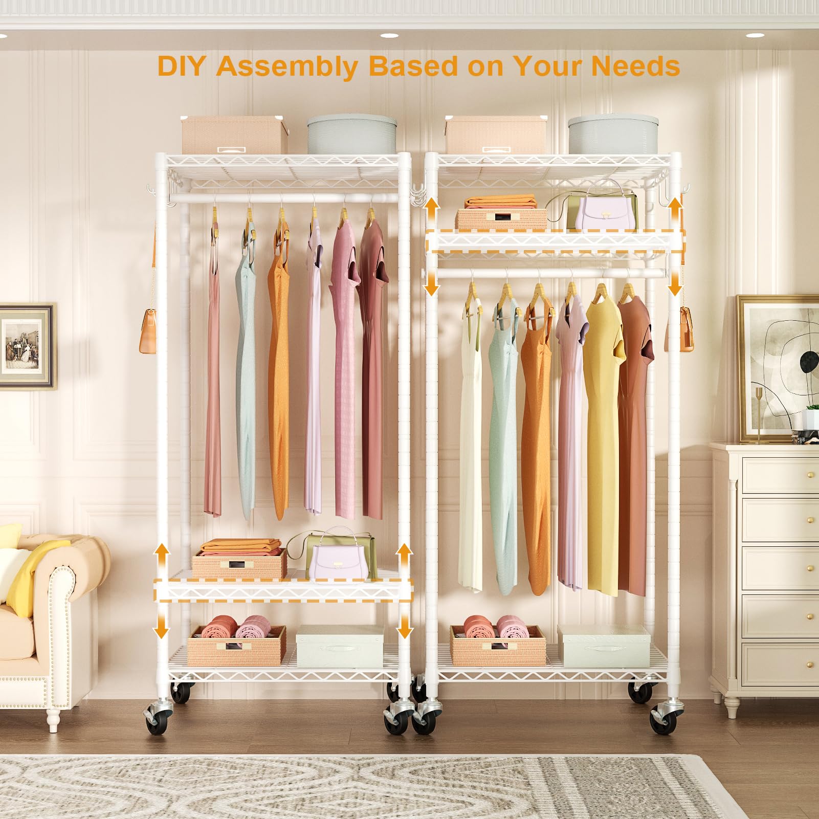 Futassi P6 Rolling Clothes Rack Heavy Duty, Clothing Racks For Hanging Clothes, Freestanding Garment Rack With Wheels, Portable