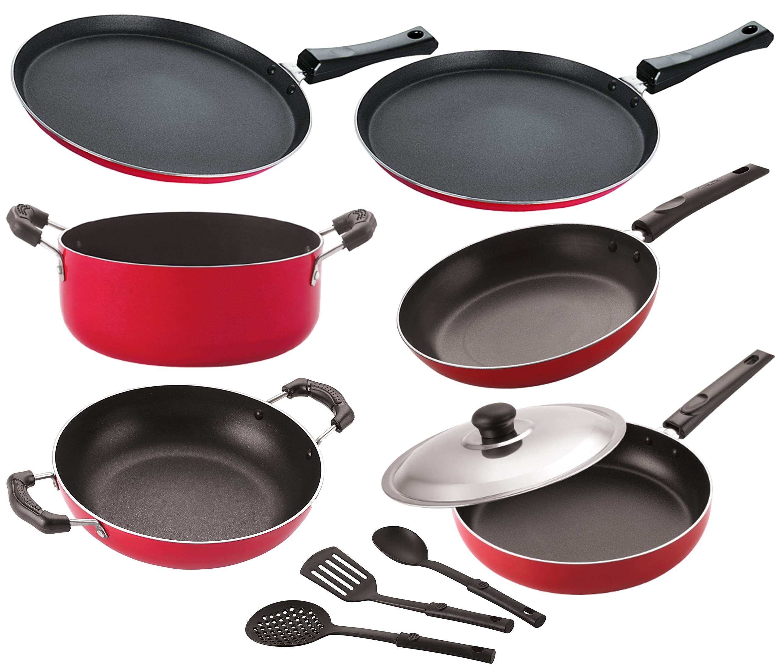 Nirlon Non Stick Combo Aluminium Cookware Set Of 9 Pieces |26_Ft12_Kd13_Tp_Ft11_Cass20_Fp12_3Spn