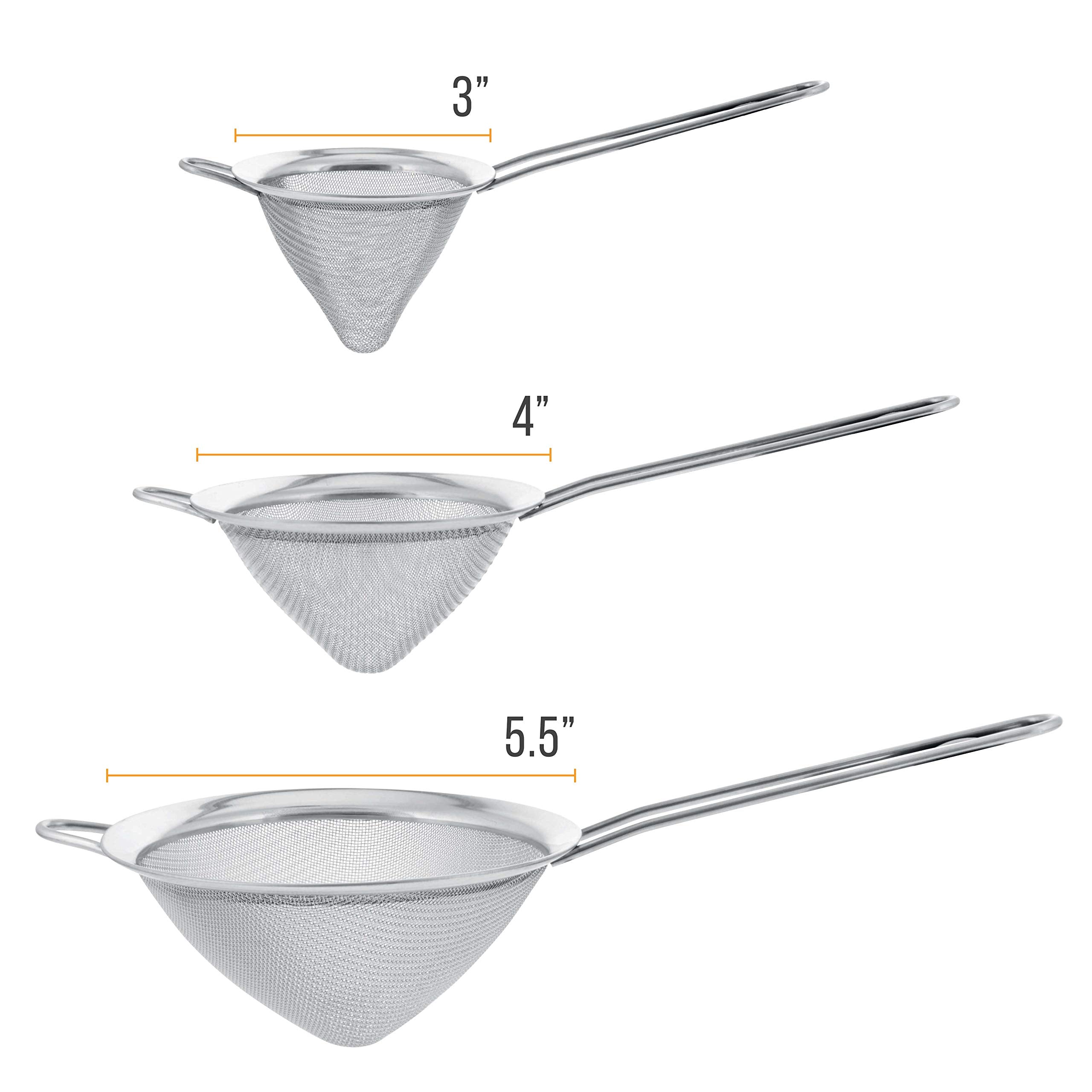 U.S. Kitchen Supply - Set Of 3 Premium Quality Extra Fine Twill Mesh Stainless Steel Conical Strainers - 3'', 4'' And 5.5'' Size
