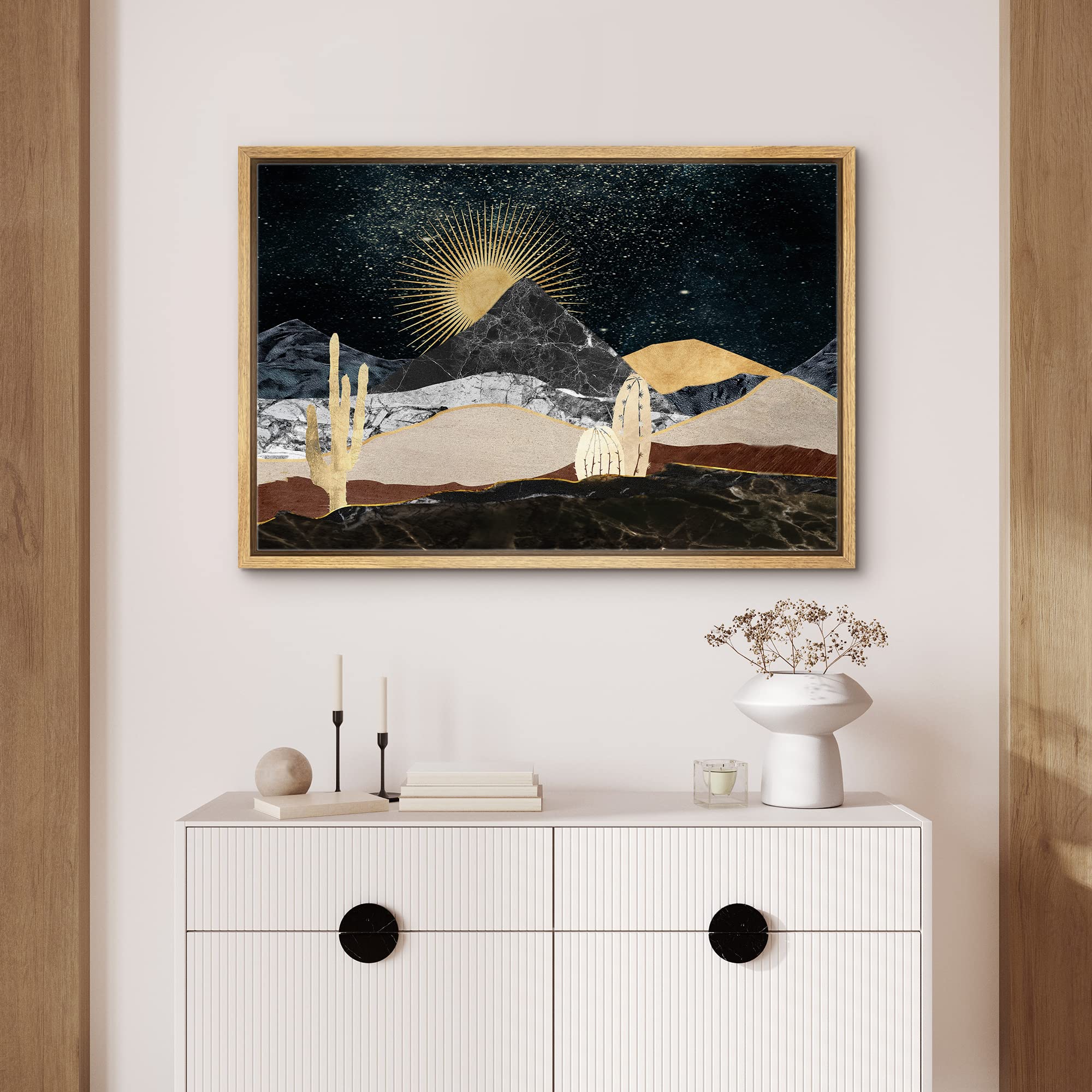 Signford Framed Canvas Print Wall Art Set Golden Marble Mountain Sun Range Nature Wilderness Illustrations Modern Art Farmhouse/