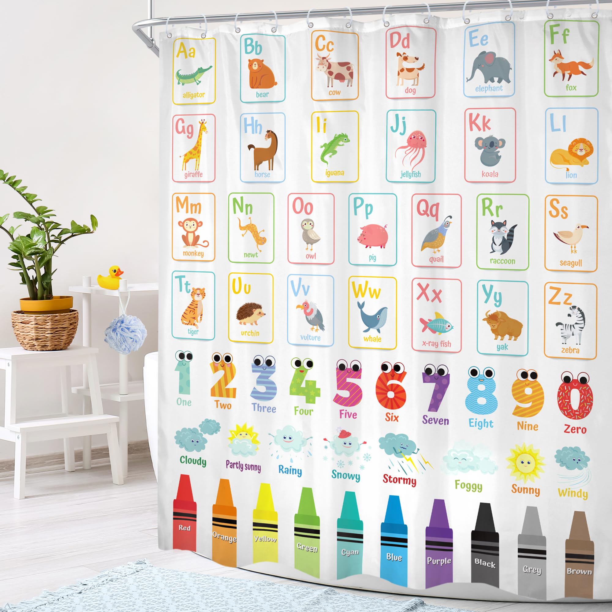 Cinbloo Alphabet Abc Kids Shower Curtain 60Wx72H Children Cartoon Cute Animal Colorful Educational Bathroom Curtain Set Number L
