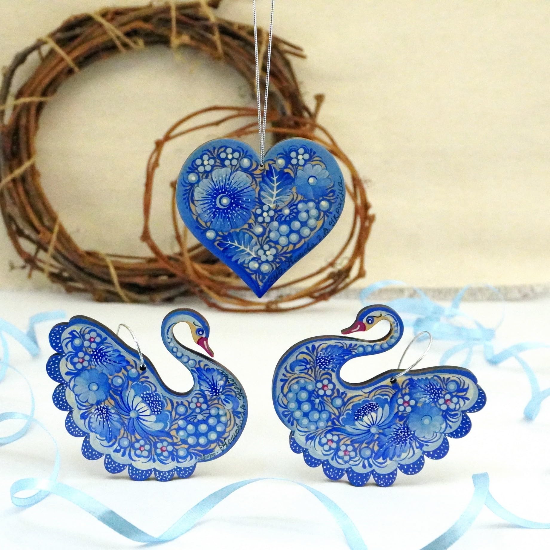 Christmas Swan Ornament Wooden Hand-Painted Ukrainian Petrykivka Folk Art Traditional Craft