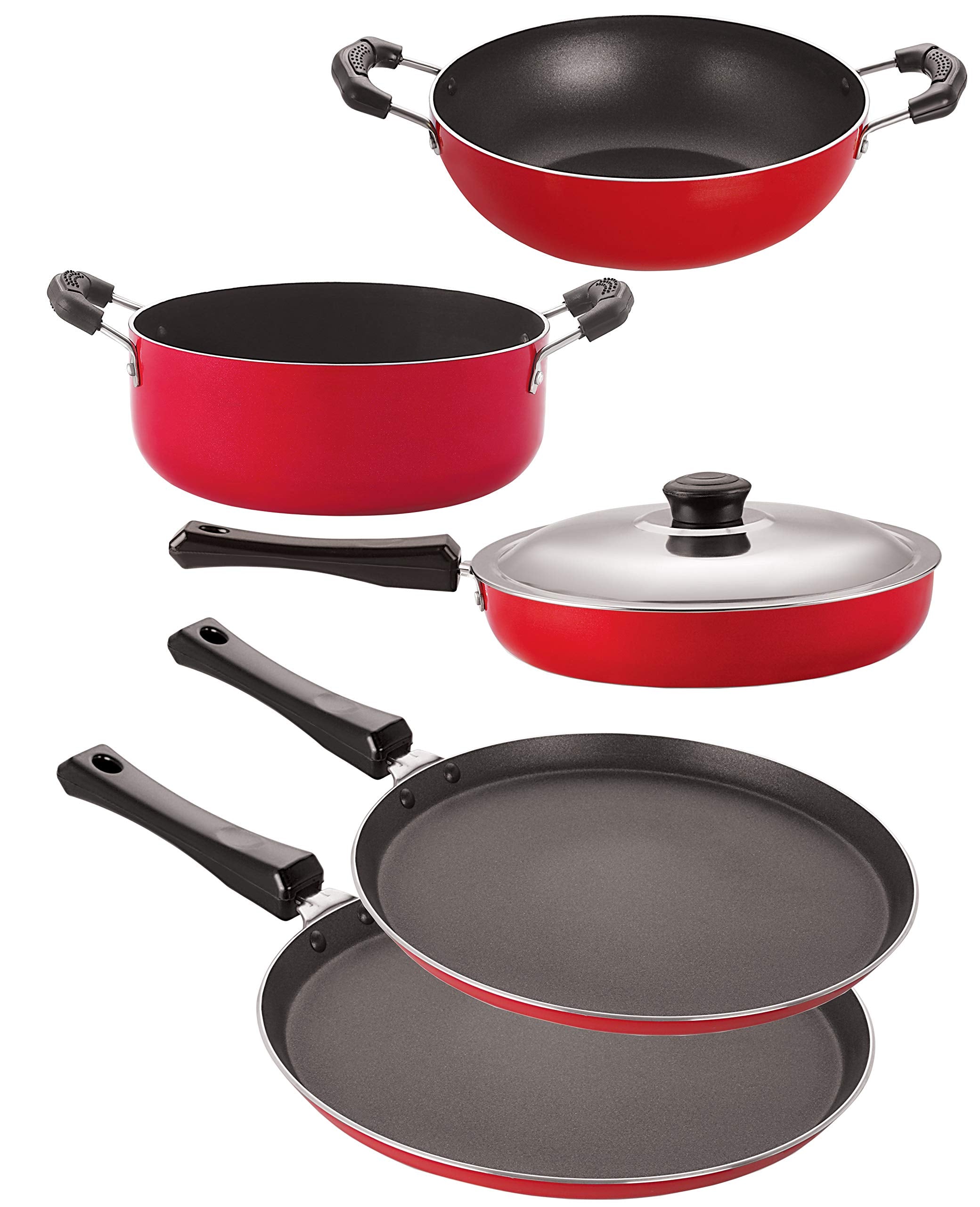 Nirlon NonStick 5 Piece Gas Compatible Kitchenware Set With Stainless Steel Lid, Red & Black